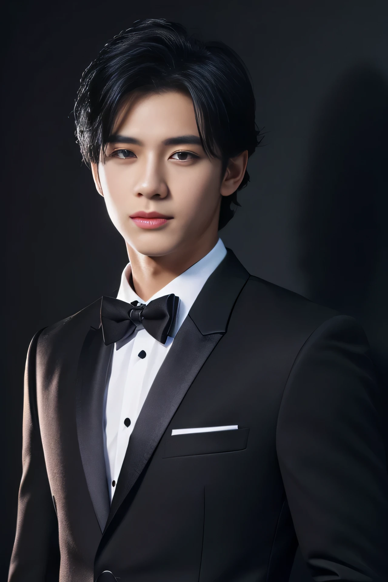 Best quality, masterpiece, ultra high res, (photorealistic:1.4), detailed face, detailed eyes, raw photo, 25 year old handsome male, black hair, (full body), view from top, (night city background:1.2), wearing black tuxedo