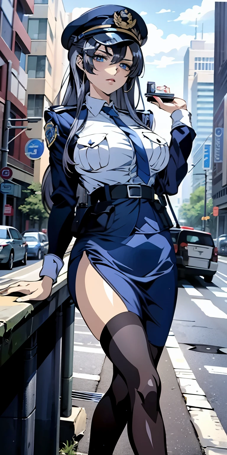 Absurd resolution, hight resolution, (tmasterpiece:1.4), ultra - detailed, 1girll,blue color eyes, cabelos preto e longos，Please wear a police uniform and short skirt, the city street,sexyposture, The camera is close to your body