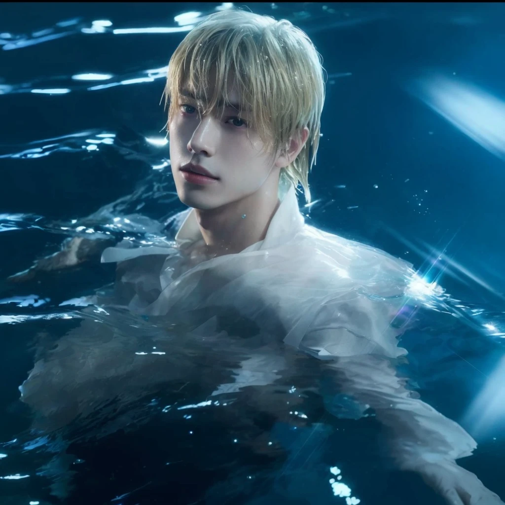 there is a man in the water with a white shirt, cai xukun, water dripping off him, closeup fantasy with water magic, shinji, sanji, glossy from rain, sitting in his throne underwater, inspired by Bian Shoumin, jimin, keisuke goto, toru furuya, jungkook, in water, yan, ji-min