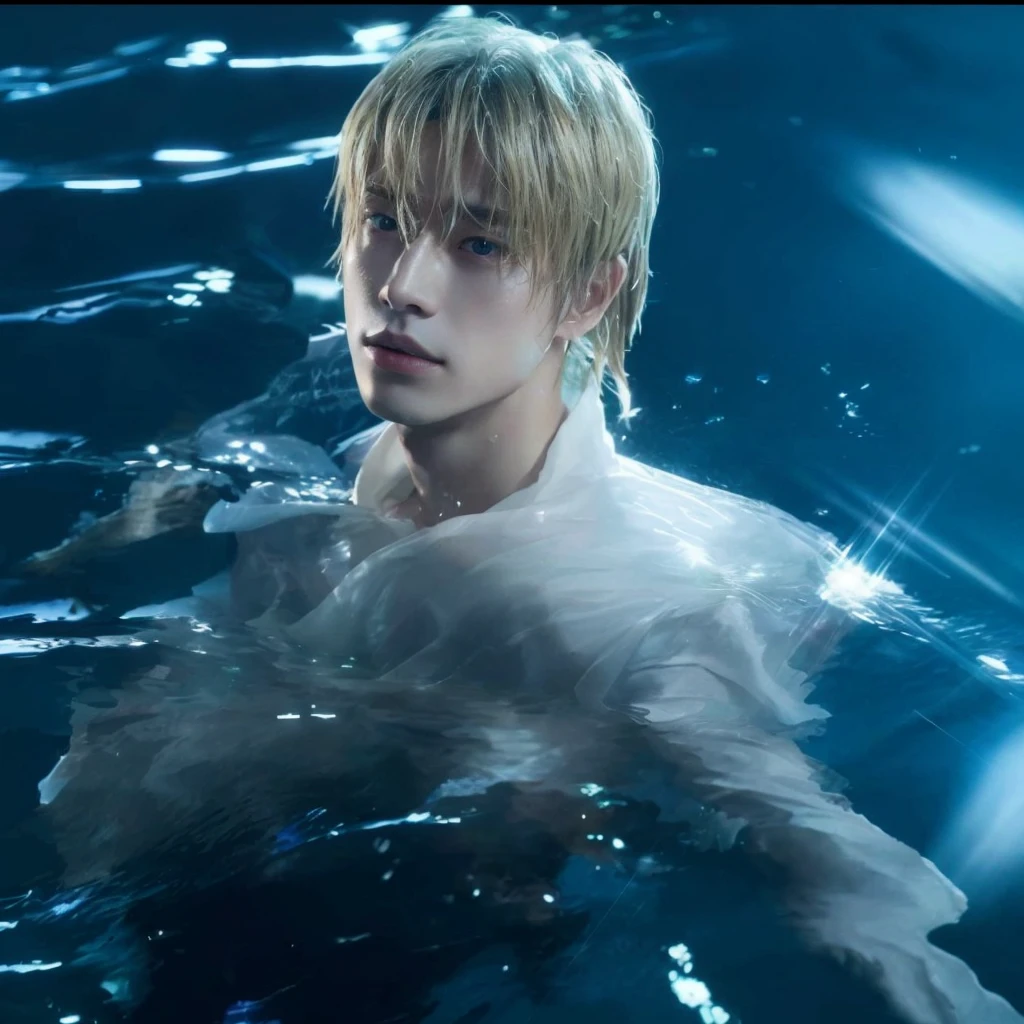 there is a man in the water with a white shirt, cai xukun, water dripping off him, closeup fantasy with water magic, shinji, sanji, glossy from rain, sitting in his throne underwater, inspired by Bian Shoumin, jimin, keisuke goto, toru furuya, jungkook, in water, yan, ji-min