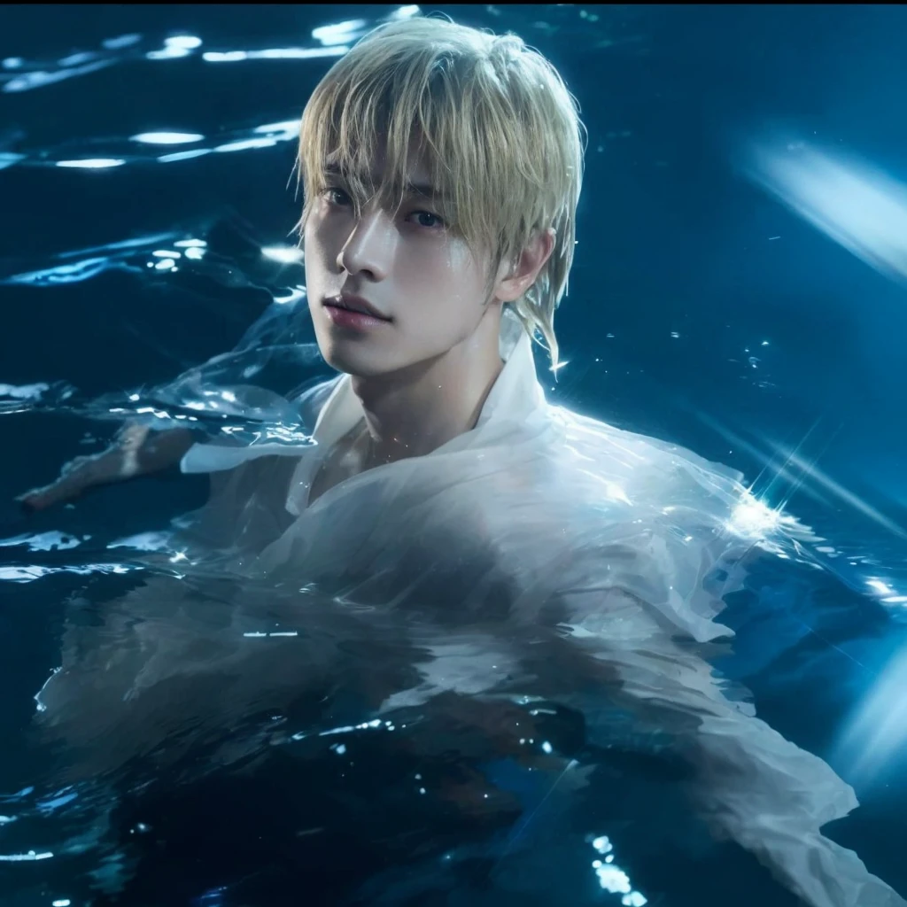 there is a man in the water with a white shirt, cai xukun, water dripping off him, closeup fantasy with water magic, shinji, sanji, glossy from rain, sitting in his throne underwater, inspired by Bian Shoumin, jimin, keisuke goto, toru furuya, jungkook, in water, yan, ji-min