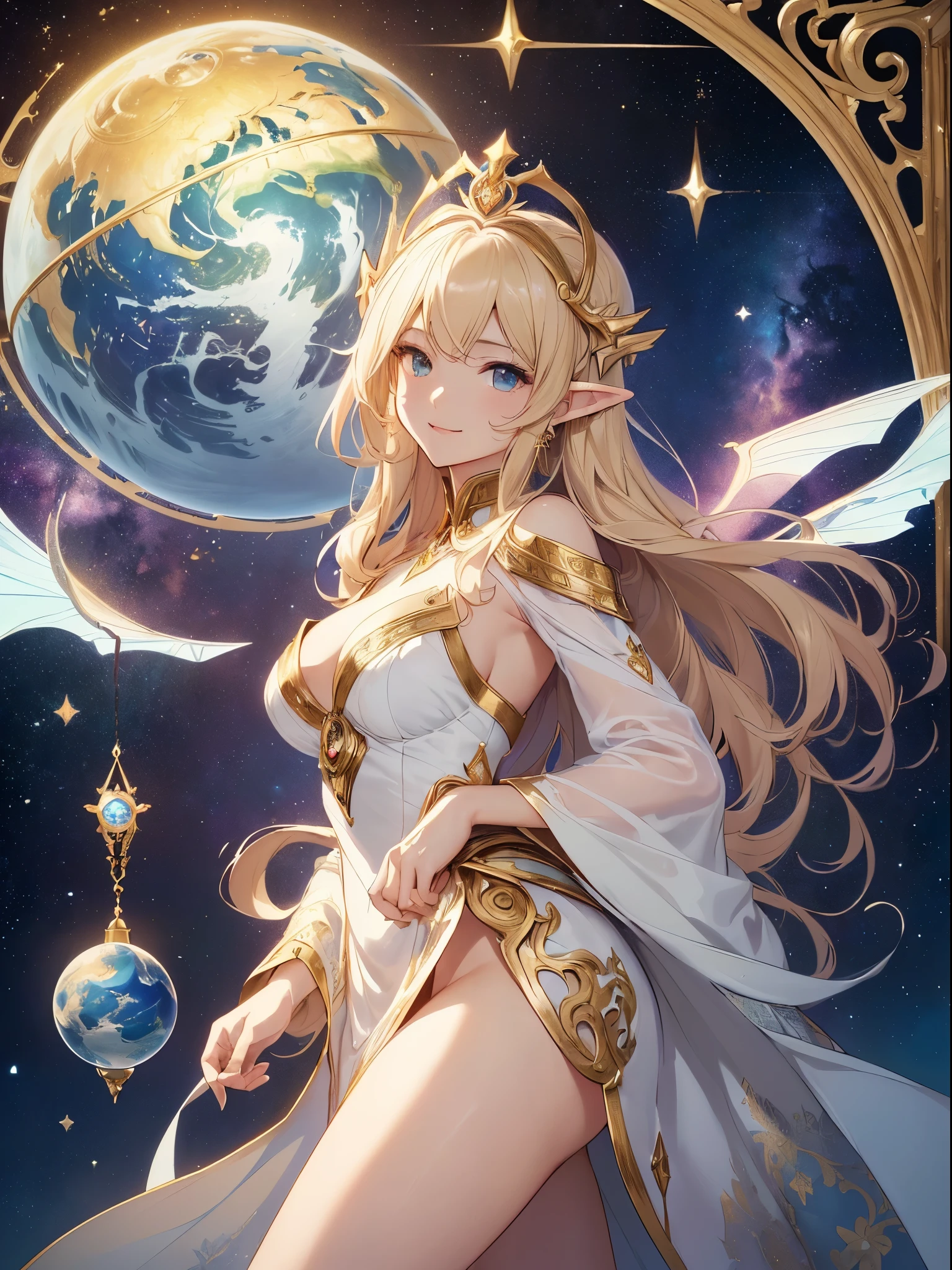 top-quality、Top image quality、masterpiece、Super beautiful elf beauty((22 years old OL big bust、Bust 90,beautiful long ironed hair、a blond、globe、、A slender、a closeup、Esbian、beautiful tiara、hiquality、Beautiful Art、Background with((starrysky)))masutepiece、visualart、depth of fields、low angle of morning sky、、Elven ears、、light magic、Space Knight、harp melody🎵、Happy smile、Gentle light、、Beautiful legs that are gentle on the skin、、、Number of fingers to achieve precise finger movements、ticker beautiful decorative dress、elegent、Mystical Rosa、 Heaven、Marble pillars, beautiful dressy、magnificent marble dome、Huge galaxy、religious painting、holding the earth、Temple of Time、Great watch、hour glass、sundial、moment of creation!myth、alphonse mucha art、art noveau、byzantine art、folding screen picture、gold foil、Raphael's paintings、Renaissance art、Giant White Dragon、Obey the Dragon、New Year