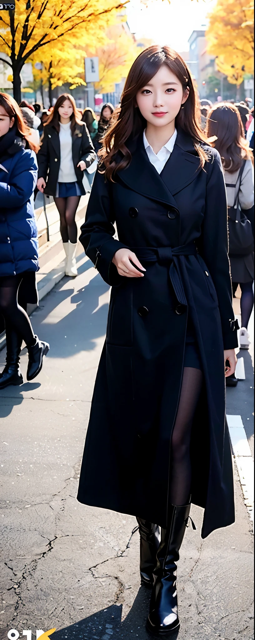 (8k, RAW photos, top quality, masterpiece: 1.2, ultra detailed, super resolution, real photos: 1.37), (Full body photo), 1 noble elegant Japanese lady, (standing contrapposte), winter season, ((black color coodinate, wearing over-size black coat, winter fluffy scarf, grey long skirt, black tights, wearing long boots)), Shiny, Smile, Looks like 1.8 meters tall, large pelvis, Large breasts, big cuvy hips, Thin waist, Long legs, skin hyper-detail, 20 years old, Perfect face, (Detailed facial features), Wavy hair, Daylight, autumn season, center of street, crowd of people,