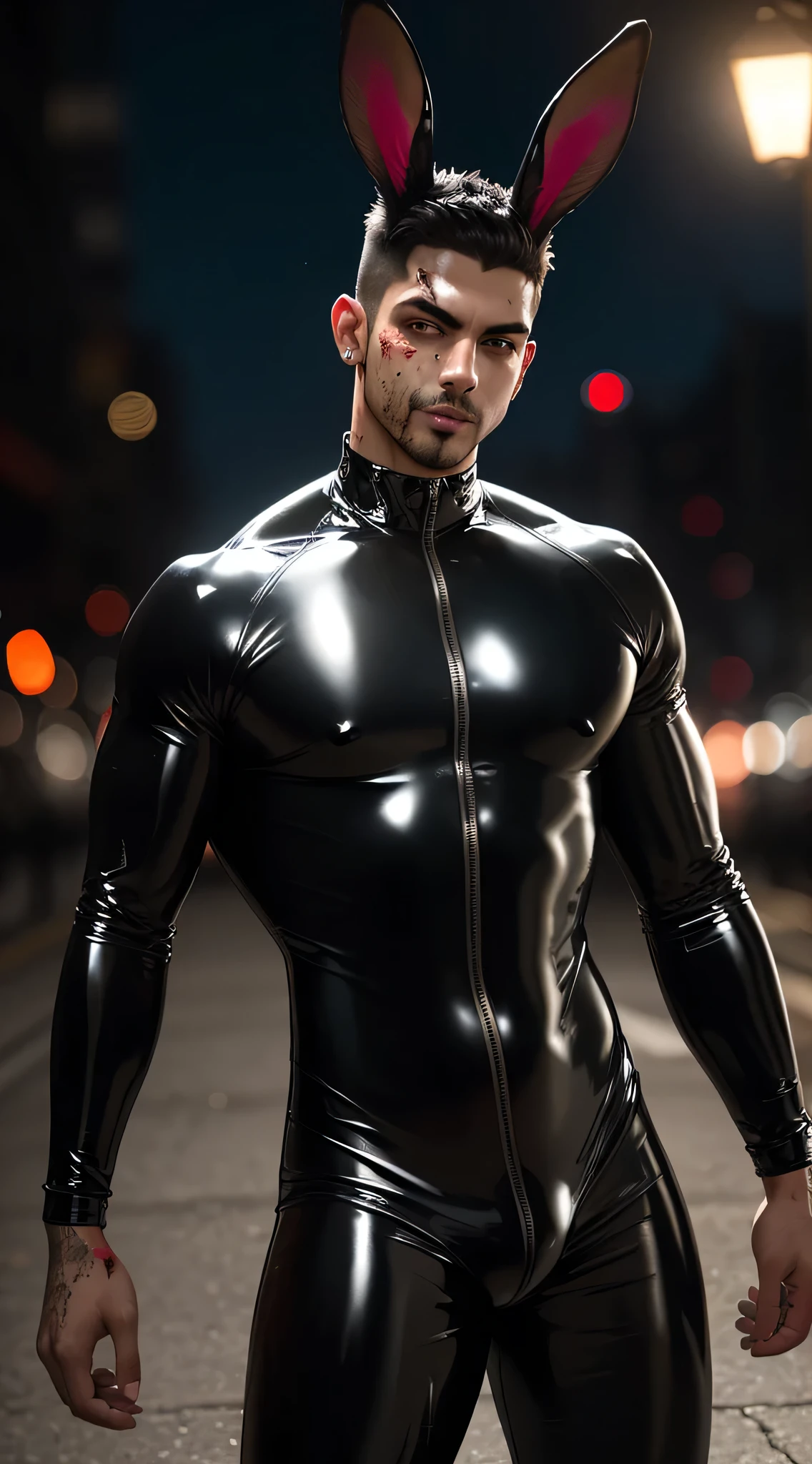 man,handsome, Latino, sexy,smirk,(black latex shiny one-piece swimsuit), looking at the viewer, muscular, bokeh,(( rabbit ears, blood on clothes,blood on face)),outdoors, night,(best quality,photorealistic),portrait, intense expression, dark background, dramatic lighting, vibrant colors, shiny fabric, attention to detail, seductive gaze, confident stance, mysterious atmosphere