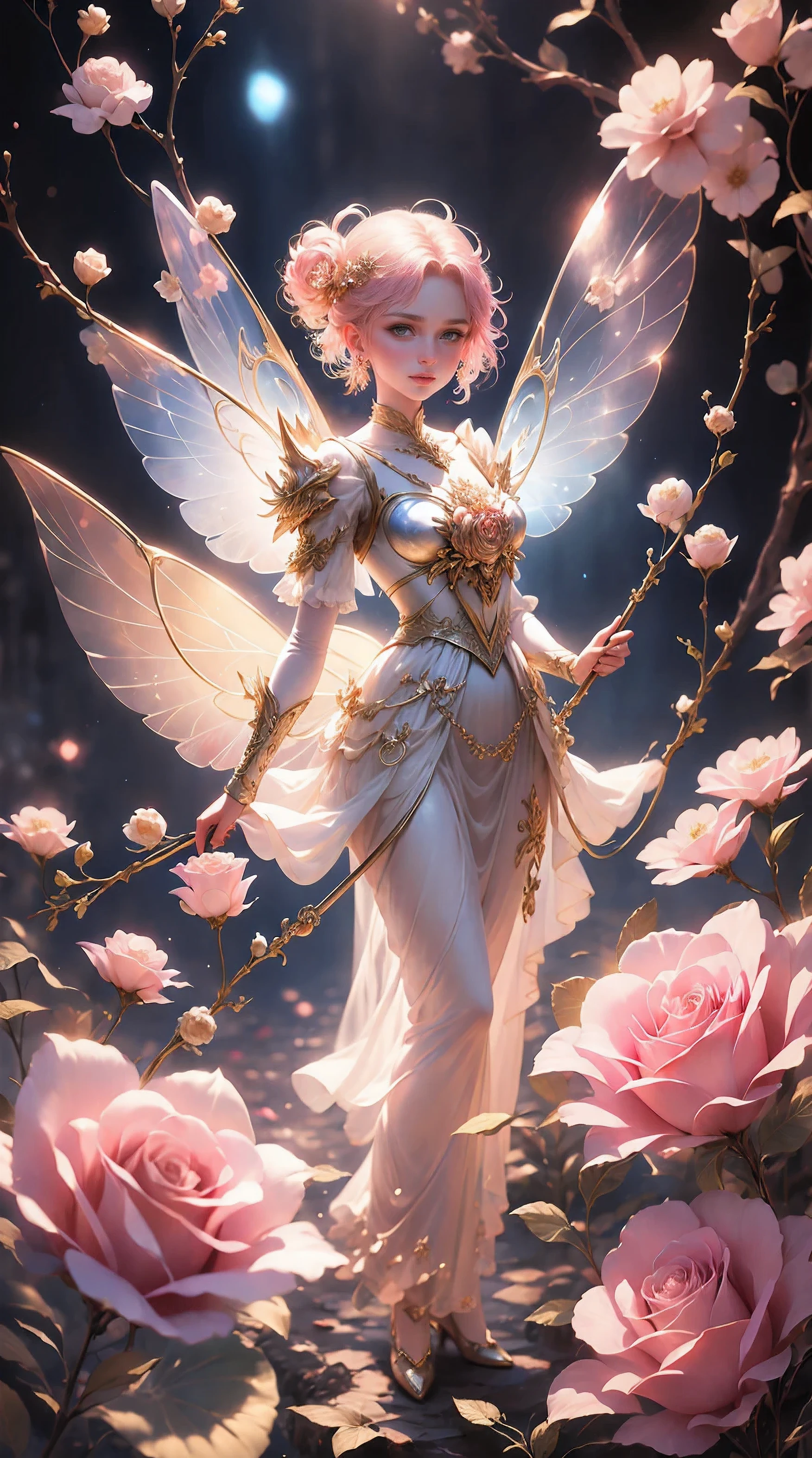 Beautiful transparent flower fairy baby, Transparent and colorful wings, cane waving in the wind, A wand that flashes with starlight, Golden wand, Beautiful blue sky and white clouds, One girl has a transparent wing cage, Gentle smile, beautiful garden background, Gentle transparency, Anatomically correct, Delicate pattern, Space for pink roses, gentle soft lighting, (Bokeh), tmasterpiece, super detailed, great work, Highest Quality, 8K , Epic Romantic Fantasy Digital Art, Epic fairytale fantasy digital art, myth and fantasy, UHD resolution, detailed detailed drawings, Realistic, Very Realistic, film light, awardwinning photo, Rich colors, Ultra Realistic With realistic texture, Dramatic light