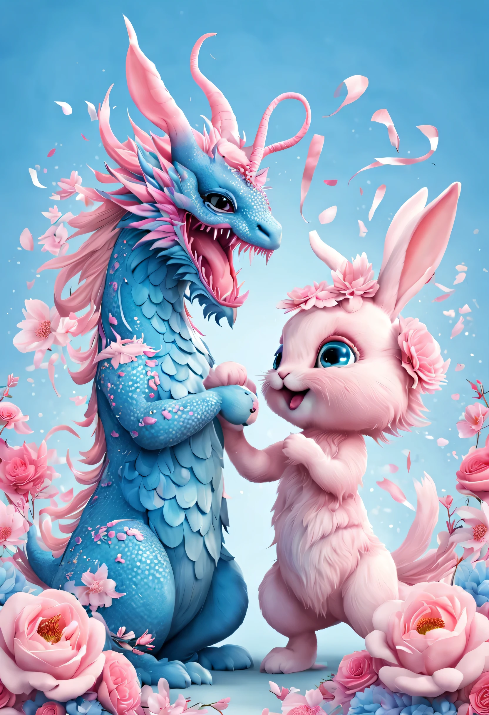 (2024 new year poster design),Pink and blue as main colors, (Cute playful blue zodiac dragon shaking hands with crying pink rabbit),Wearing beautiful makeup,Long eyelashes,a happy new year,(2024), a happy new year,fresh flowers,