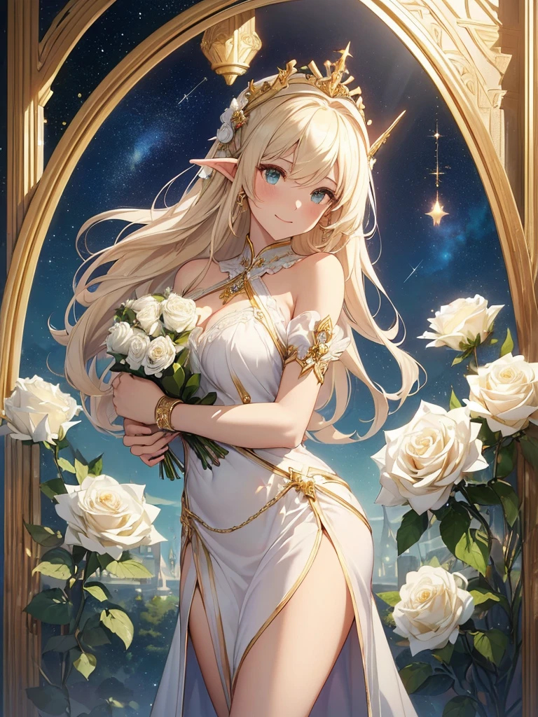 top-quality、Top image quality、​masterpiece、Super beautiful elf beauty((22 years old OL big bust、Bust 90,beautiful long ironed hair、a blond、Give me a bouquet of white roses 1.9 globes、、A slender、a closeup、Esbian、beautiful tiara、hiquality、Beautiful Art、Background with((starrysky)))masutepiece、visualart、depth of fields、low angle of morning sky、、Elven ears、、light magic、Space Knight、harp melody🎵、Happy smile、Gentle light、、Beautiful legs that are gentle on the skin、、、Number of fingers to achieve precise finger movements、ticker beautiful decorative dress、elegent、Mystical　Rosa、　Heaven、Marble pillars, beautiful dressy、magnificent marble dome、Huge galaxy、religious painting、holding the earth、Temple of Time、Great watch、hour glass、sundial、moment of creation！myth、alphonse mucha art、art noveau、byzantine art、folding screen picture、gold foil、Raphael's paintings、Renaissance art、I will present you a bouquet of white roses.！