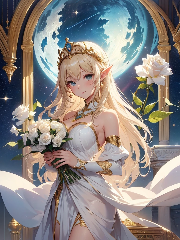 top-quality、Top image quality、masterpiece、Super beautiful elf beauty((22 years old OL big bust、Bust 90,beautiful long ironed hair、a blond、Give me a bouquet of white roses 1.9 globes、、A slender、a closeup、Esbian、beautiful tiara、hiquality、Beautiful Art、Background with((starrysky)))masutepiece、visualart、depth of fields、low angle of morning sky、、Elven ears、、light magic、Space Knight、harp melody🎵、Happy smile、Gentle light、、Beautiful legs that are gentle on the skin、、、Number of fingers to achieve precise finger movements、ticker beautiful decorative dress、elegent、Mystical Rosa、 Heaven、Marble pillars, beautiful dressy、magnificent marble dome、Huge galaxy、religious painting、holding the earth、Temple of Time、Great watch、hour glass、sundial、moment of creation!myth、alphonse mucha art、art noveau、byzantine art、folding screen picture、gold foil、Raphael's paintings、Renaissance art、I will present you a bouquet of white roses.!
