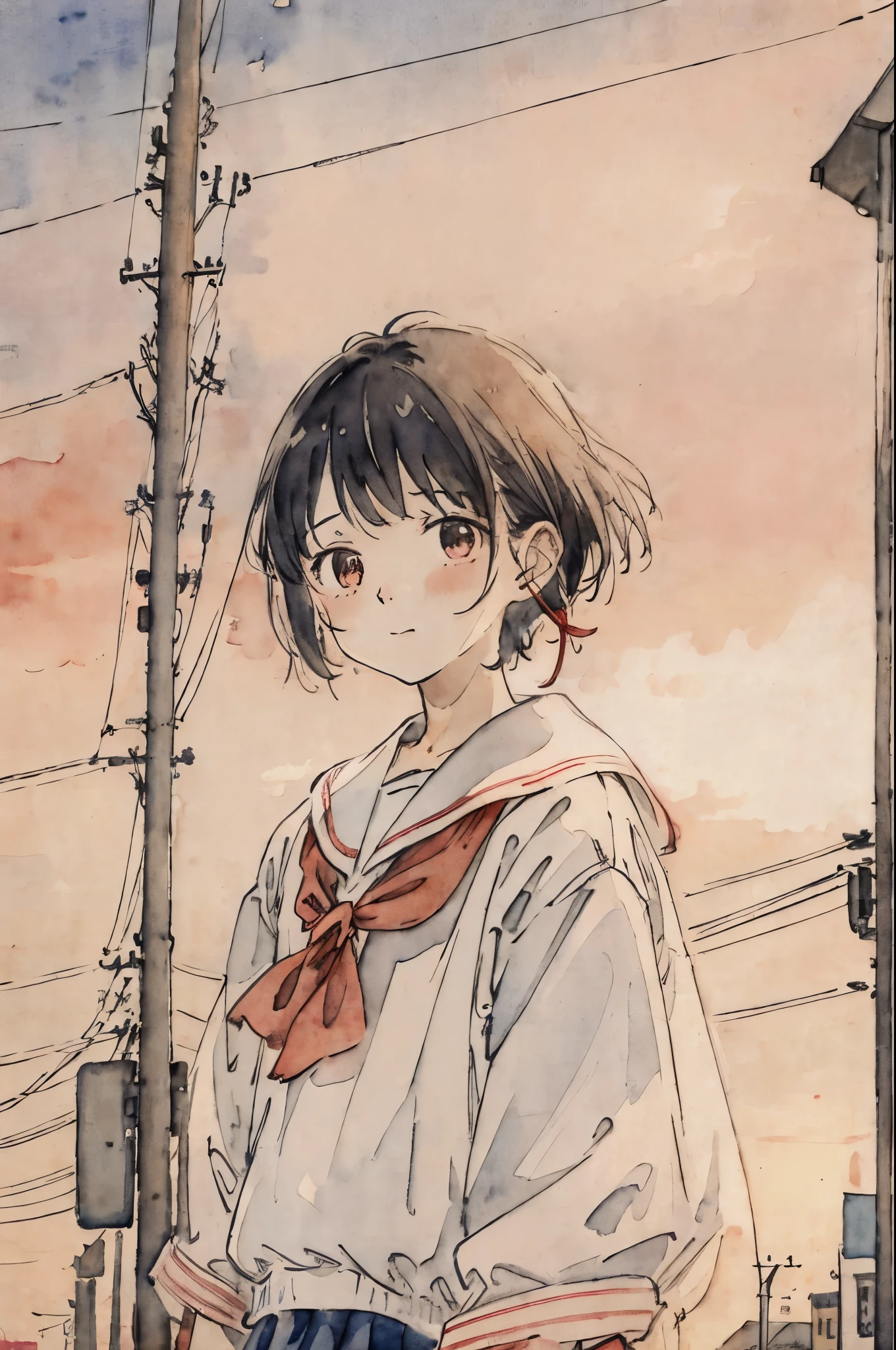 evening、Watercolor style、Red sky、a sailor suit、I drew the upper body、early evening、eventide、girl looking up、A dark-haired、concrete、street、Nostalgic、electric wires、utility pole