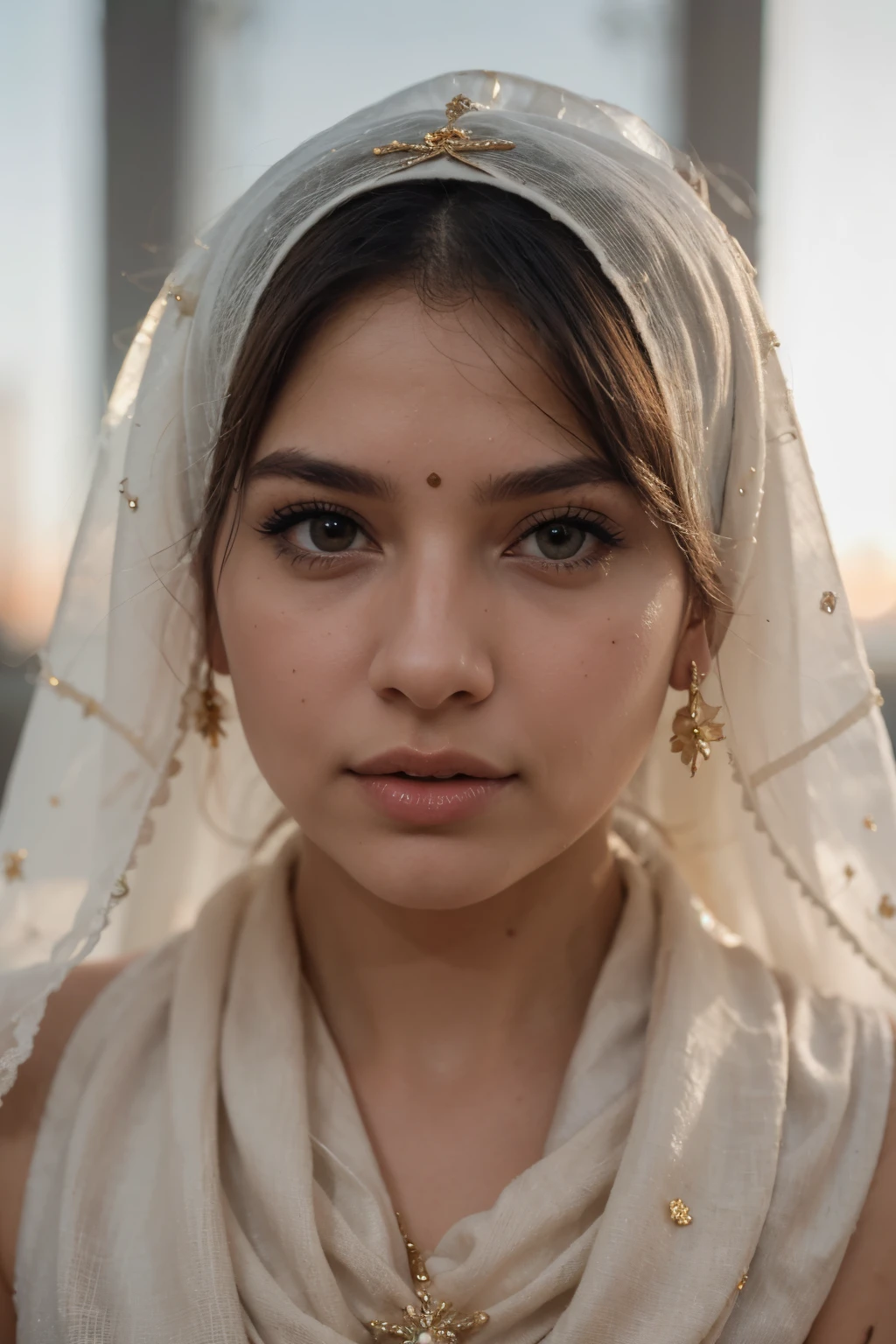 profesional pose, morning lighting, dramatic scene, perfect beautiful women indian face, 22 years old, light white skin, wear light gold silk hijab, texture flower textures on hijab, no lipstick, clear crystal and detailed brown eyes, thick lips, gold flower abstract studio as background at sunset, wes anderson concept color, backlighting, fashion photography, centered, symmetrical, 105mm, f2.8, for a sharp and detailed headshot with a shallow depth of field, detailed, d.o.f, beauty photography, super detailed, insanely detailed and intricate in face area, details on lips textures, realistic skin textures, intricate details, highly detailed, studio lighting, detailed skin, ultra realistic, bokeh, sharp features