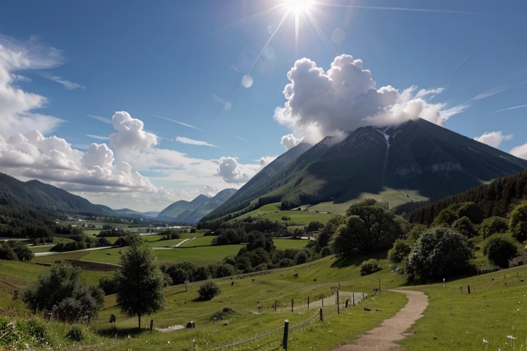 the picture of nature is sharply and clearly divided into two halves, one half of the picture is light, clear sky and sun shining, in the second half of the picture there are dark clouds and rain