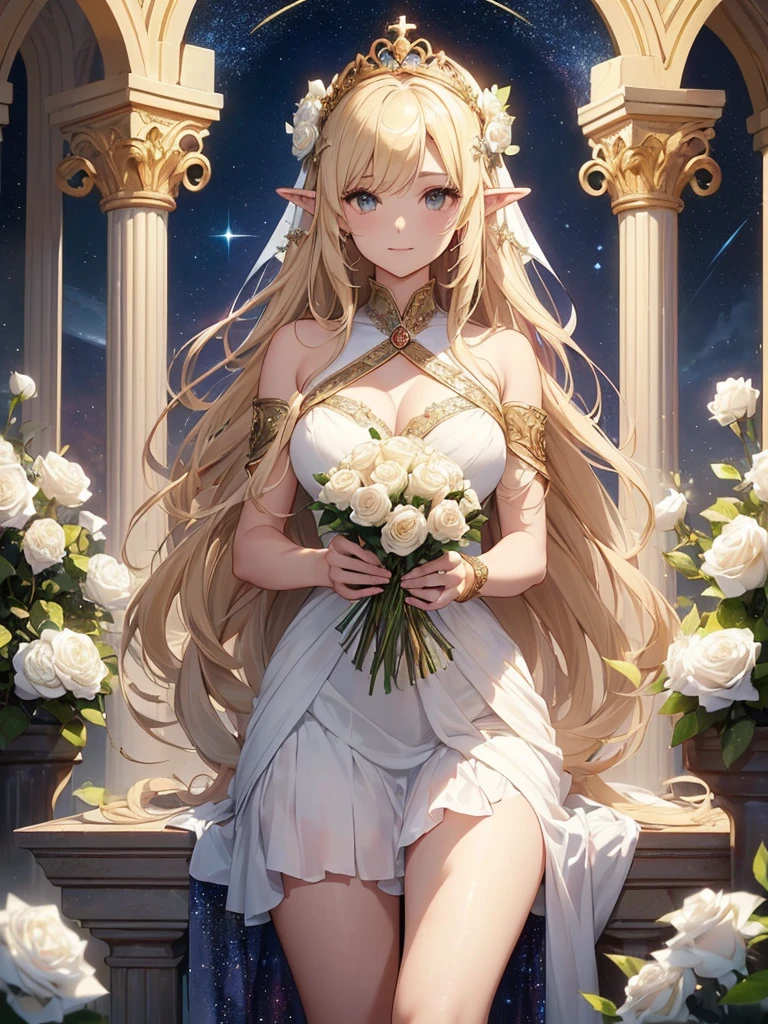top-quality、Top image quality、​masterpiece、Super beautiful elf beauty((22 years old OL big bust、Bust 90,beautiful long ironed hair、a blond、Give me a bouquet of white roses 1.9 globes、、A slender、a closeup、Esbian、beautiful tiara、hiquality、Beautiful Art、Background with((starrysky)))masutepiece、visualart、depth of fields、low angle of morning sky、、Elven ears、、light magic、Space Knight、harp melody🎵、Happy smile、Gentle light、、Beautiful legs that are gentle on the skin、、、Number of fingers to achieve precise finger movements、ticker beautiful decorative dress、elegent、Mystical　Rosa、　Heaven、Marble pillars, beautiful dressy、magnificent marble dome、Huge galaxy、religious painting、holding the earth、Temple of Time、Great watch、hour glass、sundial、moment of creation！myth、alphonse mucha art、art noveau、byzantine art、folding screen picture、gold foil、Raphael's paintings、Renaissance art、I will present you a bouquet of white roses.！