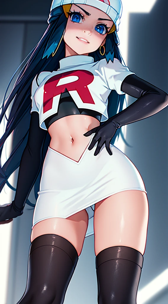 pokemon dawn, black hair, blue eyes, sidelocks, long hair, beanie, glossy lips, light makeup, eye shadow, earrings, team rocket, team rocket uniform, red letter R, white skirt,white crop top,black thigh-high boots, black elbow gloves,evil smile, looking down on viewer, pantie shot