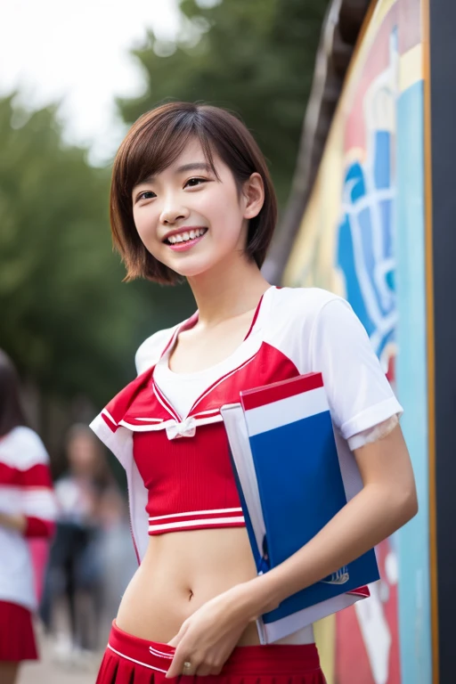 top-quality、masterpiece、hight resolution、4K、real 18 year old woman、cheer girl、cheerleaders、a smile、Shorthair、1girl in、