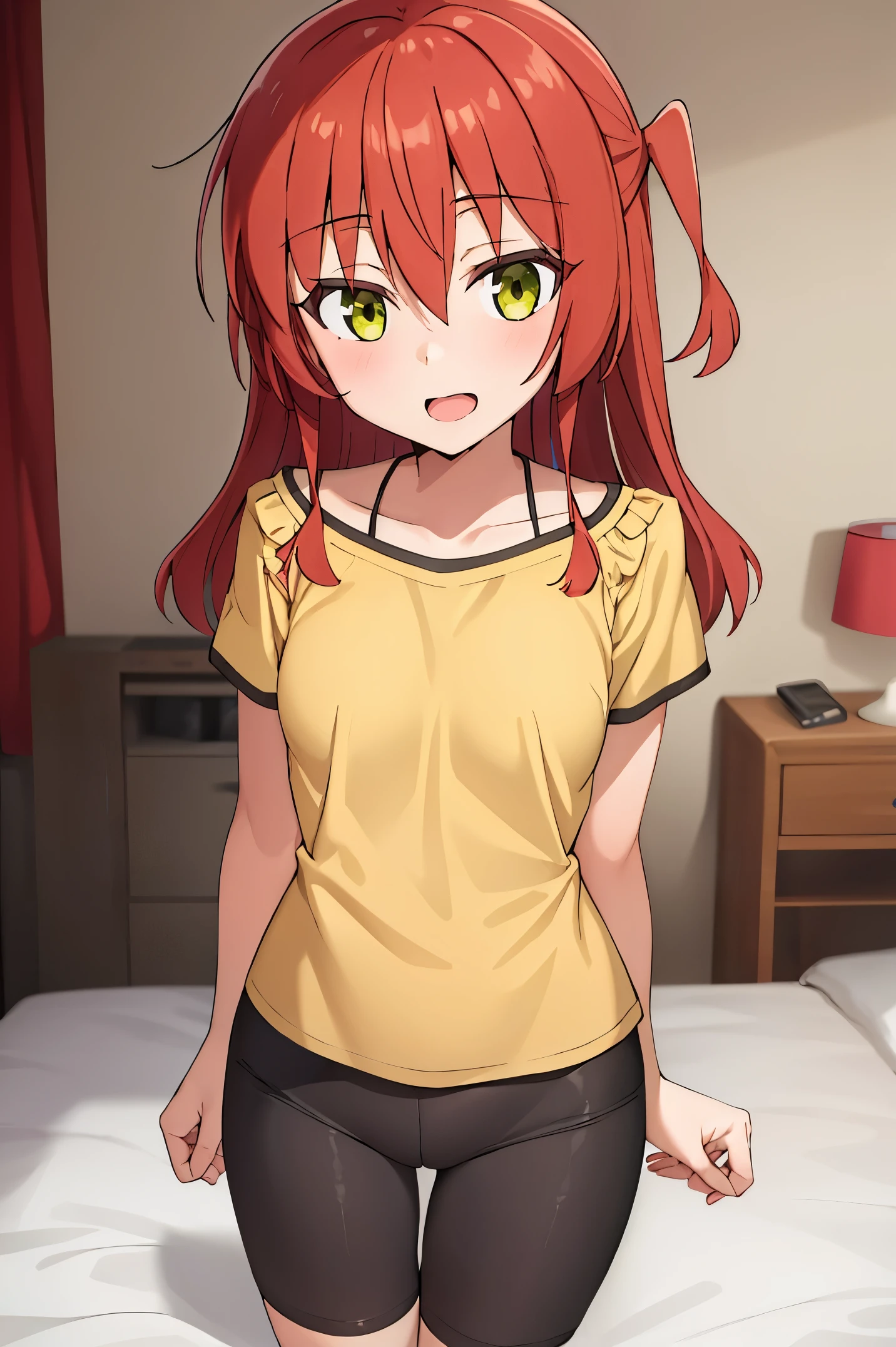 1 girl, best quality, ultra high res, long hair, red hair, green eyes, looking at viewers, small breast, standing, pov, slim body, body, small body, smile, open mouth, yellow shirt, short sleeves, bike shorts, bedroom, white bed sheets,