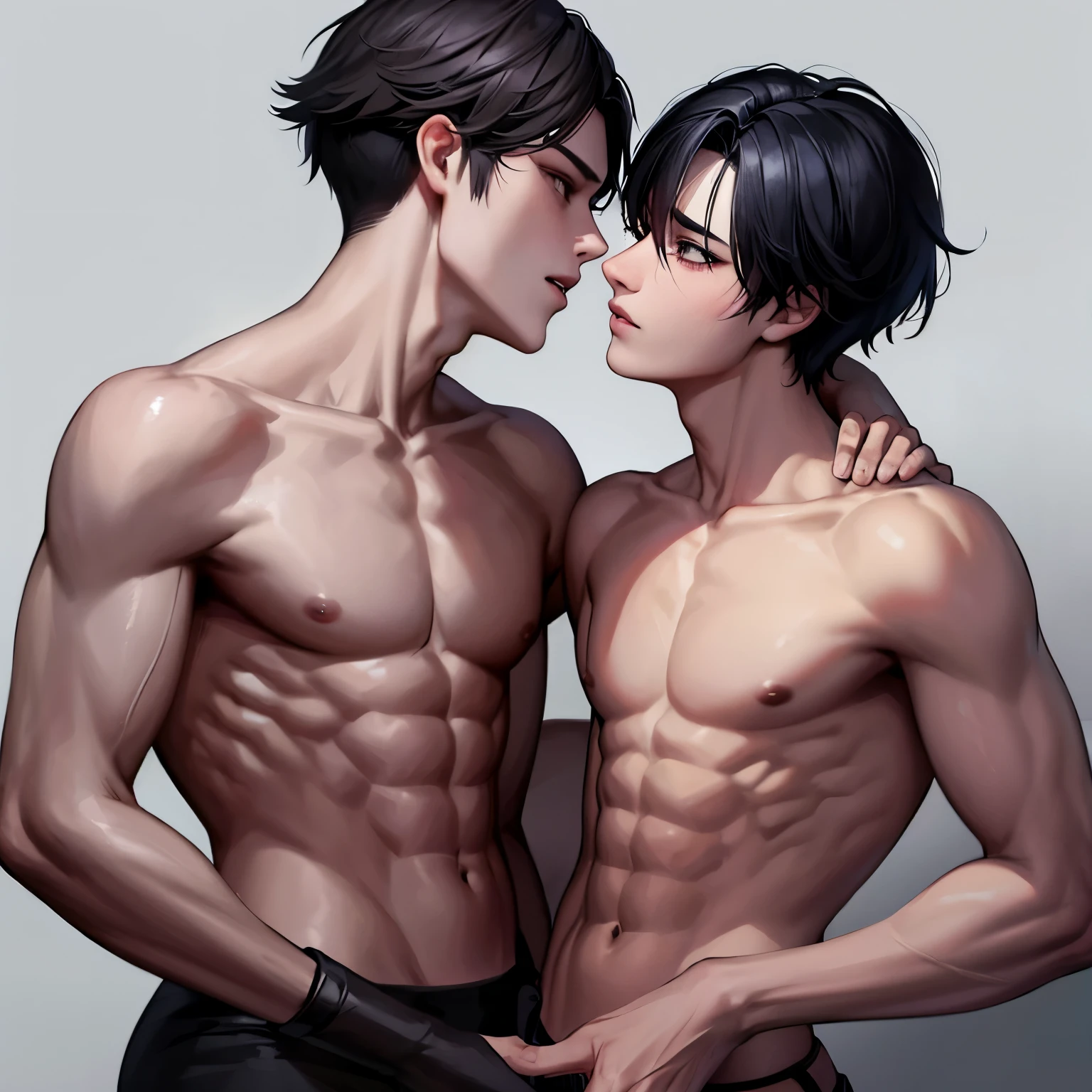 A boy has ten pack abeautiful Adam's apple,Perfect looks。A girl has,Eight-pack abs,Long legs,Thin。Two people kissing passionately