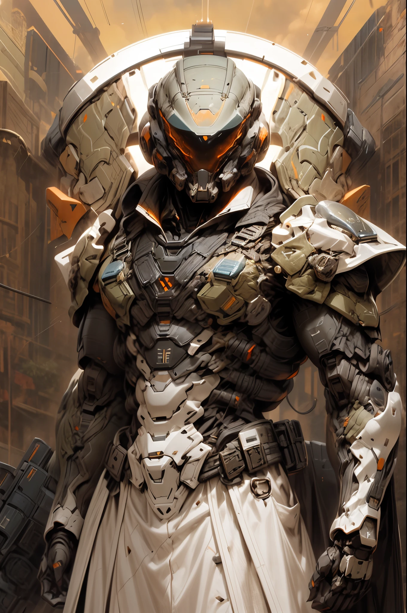 (((An epic and visually stunning digital anime masterpiece featuring a sylphlike masculine ((male:1.5)) decorated military dieselpunk cyborg soldier clad in a sleek yet tactical armored yet decorated leather military trench coat:1.2))), (((flat masculine male chest:1.5, mechanical full head helmet, mecha helmet with narrow orange eyes:1.5))), (((the character adorned in a (scifi tactical armored open front trench coat with a built in exoskeleton:1.5) (over a form fitted armor plated yet super sleek and revealing under suit with waist cut outs:1.3), the armor is beautifully engraved:1.4))), The image showcases the intricacies of the character’s armor and clothing:1.5, ((capturing their flamboyant essence and heavy mecha aesthetic:1.2)). The character also possesses an androgynous charm, (((with slim yet heavily muscled physique:1.2, sylphlike with a sleek waist, toned yet beautifully sleek cybernetic arms:1.3, mechanical arms and legs:1.3, mecha muscles:1.3))), looking at viewer, (((brass metal armor and brown leather, dieselpunk:1.3))), (((depth of field, cinematic lighting, chromatic aberration, ray tracing, UHD, masterpiece, top of head covered, super detail, high details, high quality, award winning, 8k, highres)))