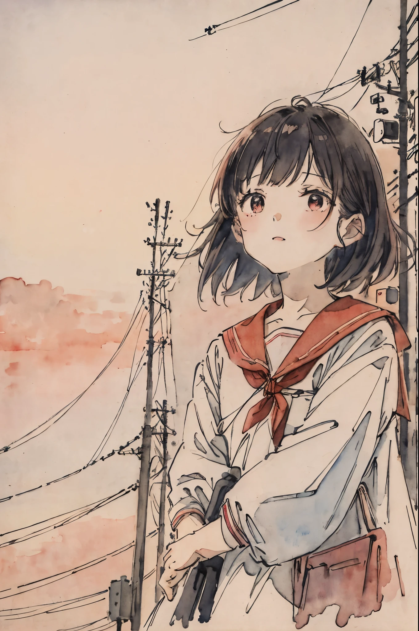 evening、Watercolor style、Red sky、a sailor suit、I drew the upper body、early evening、eventide、girl looking up、A dark-haired、concrete、street、Nostalgic、electric wires、utility pole、reddish lighting