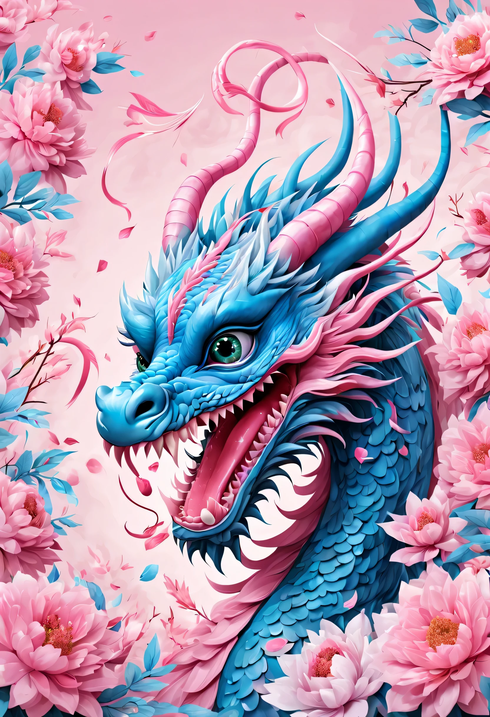 (2024 new year poster design),Pink and blue as main colors, (Cute playful blue zodiac dragon and crying pink parting),Long eyelashes,a happy new year,(2024:1.1), a happy new year,fresh flowers,
