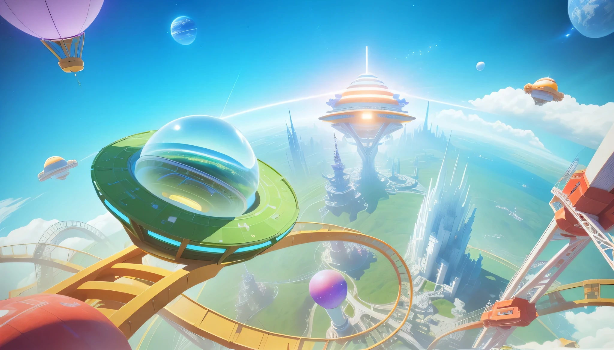 There are many roller coaster tracks in the sky, the space background，the space background，around the tracks，a digital dreamscape, Ring World, Background with, Background withartisticallywork, artistically, virtual universe, fantasy planet, Background withartistically,3D scene，a 3D render, Fantasy spaceship, fantasy land，4K，8K，hyper HD