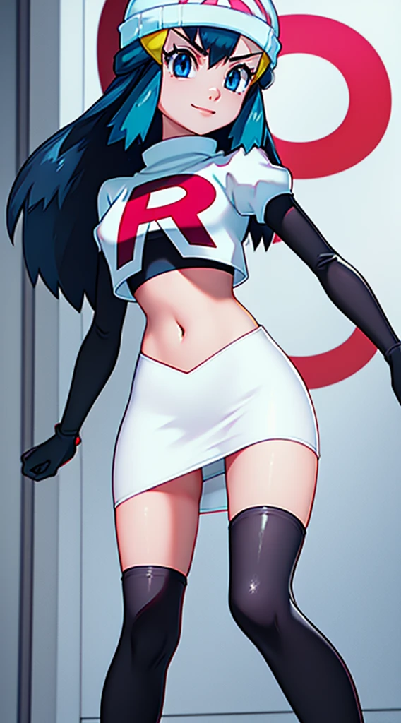pokemon dawn, black hair, blue eyes, sidelocks, long hair, beanie, glossy lips, light makeup, eye shadow, earrings, team rocket, team rocket uniform, red letter R, white skirt,white crop top,black thigh-high boots, black elbow gloves,evil smile, looking down on viewer, pantie shot