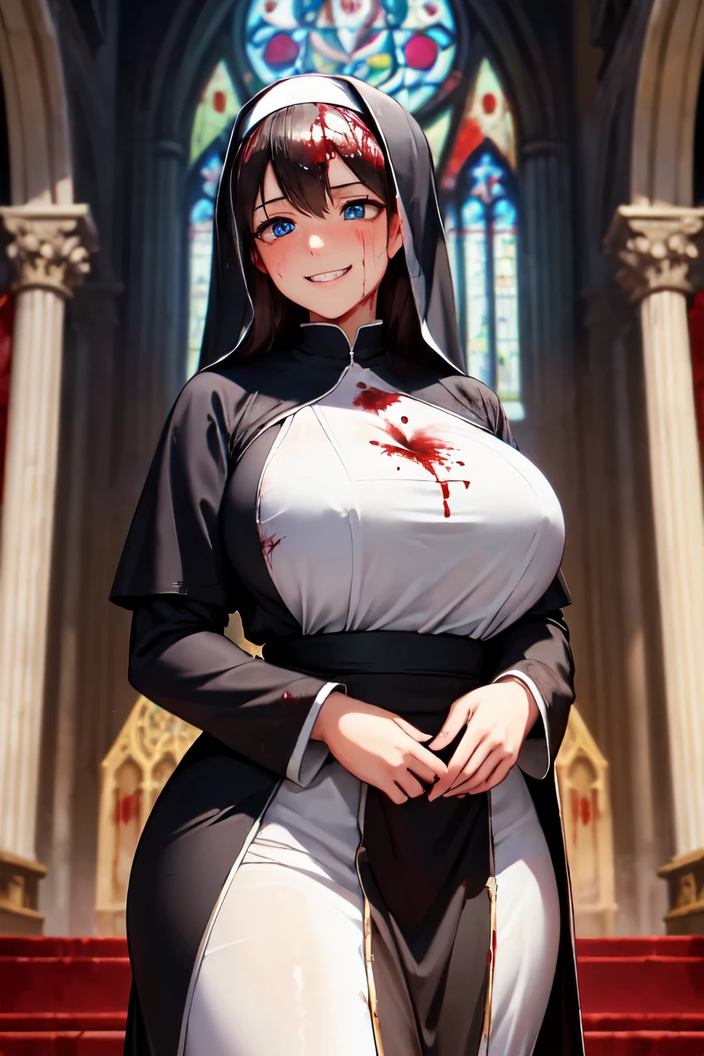 (High quality, High resolution, Fine details), Realistic, Nun, (Blood on clothes:1.3), sacred rituals, medieval background, grand architecture, majestic stained glass windows, solo, curvy women, sparkling eyes, (Detailed eyes:1.2), grin, blush, Sweat, Oily skin, shallow depth of field, mystical aura, soft lighting, natural lighting