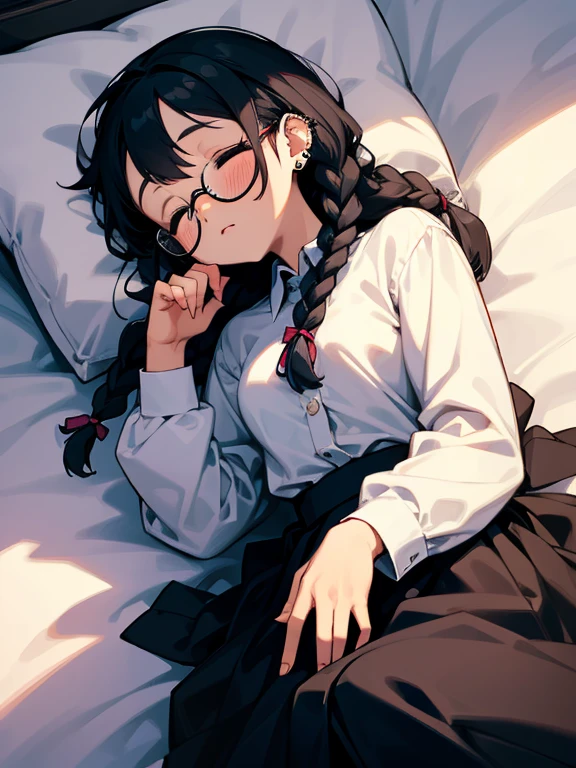 a young cute girl, glasses, braids, black hair, piercing, (sleeping), dress shirt