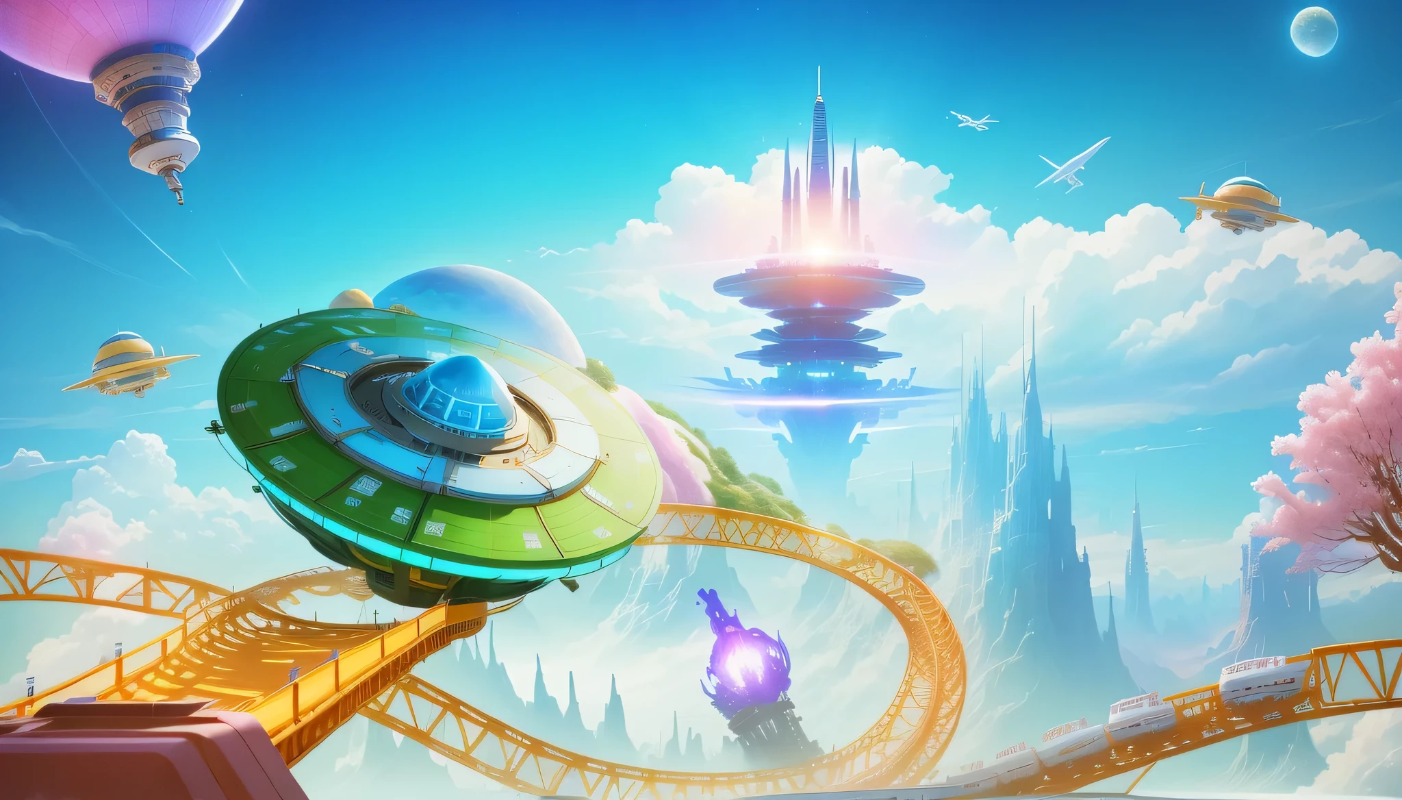 There is a roller coaster in the sky, Surrounding train tracks,数字dream-state, Ring World, Background with, Background withartisticallywork, exotic paradise, artistically, 虚拟宇宙概念artistically, An epic road trip into outer space, fantasy planet, Background withartistically, Wallpapers!, like a dream, dream-state, 商场Background with, Fantasy spaceship, fantasy land,4K,8K,hyper HD