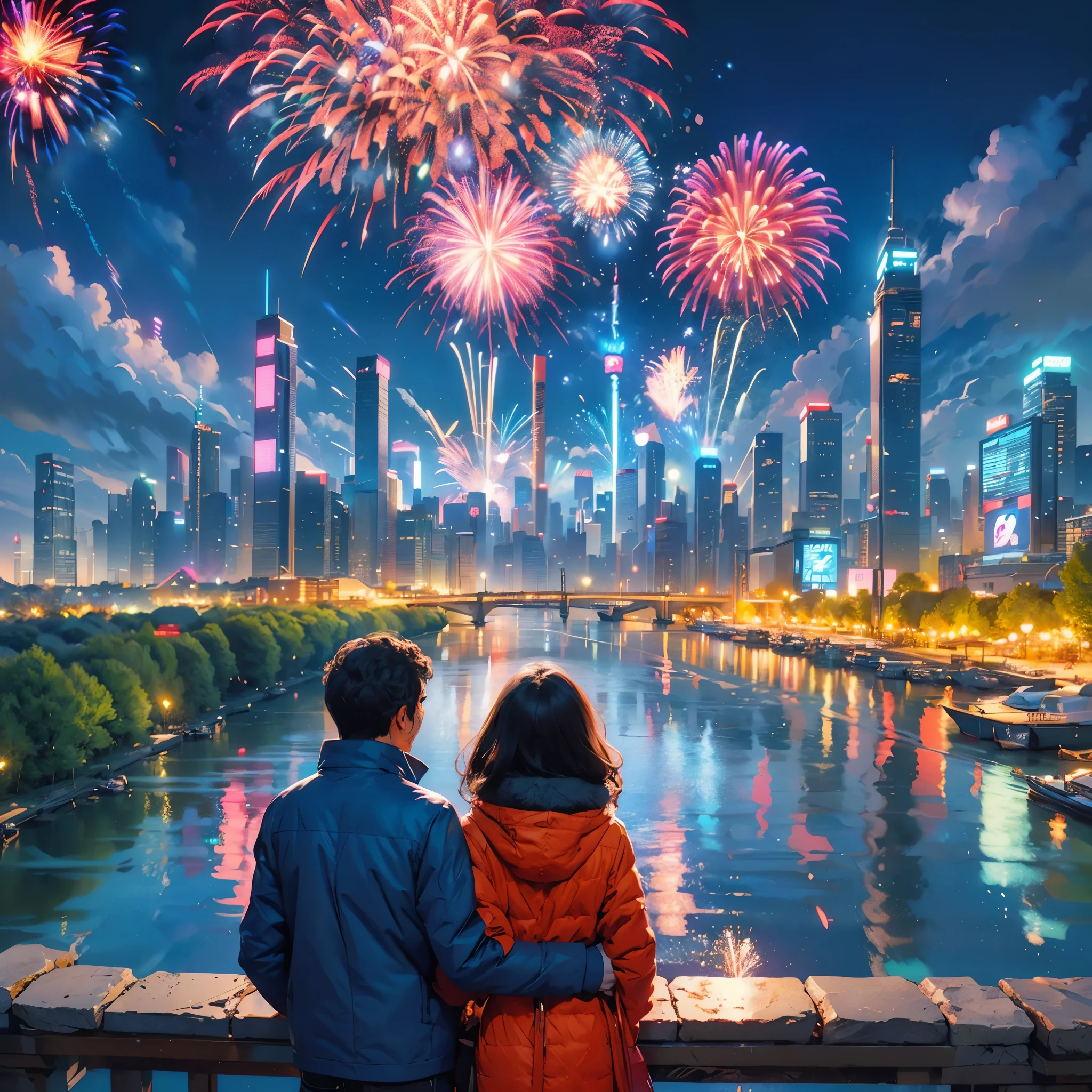 at winter season，((1 couple，hugs，Watching the fireworks in the sky))，(new year)，(concert)，(square)，(crowd of), (skyscrapper，City night view in the background, Many fireworks in the background), illustratio, Warm and joyful atmosphere, illustration, New Year’s Day, 下雪的at winter seasonnew year夜, 可爱illustratio, background artwork, 风格化数字illustratio，(first-person view, pov, Ghibli-like colours, UHD, masterpiece, ccurate, anatomically correct, textured skin, super detail, high details, high quality, best quality, 8k)