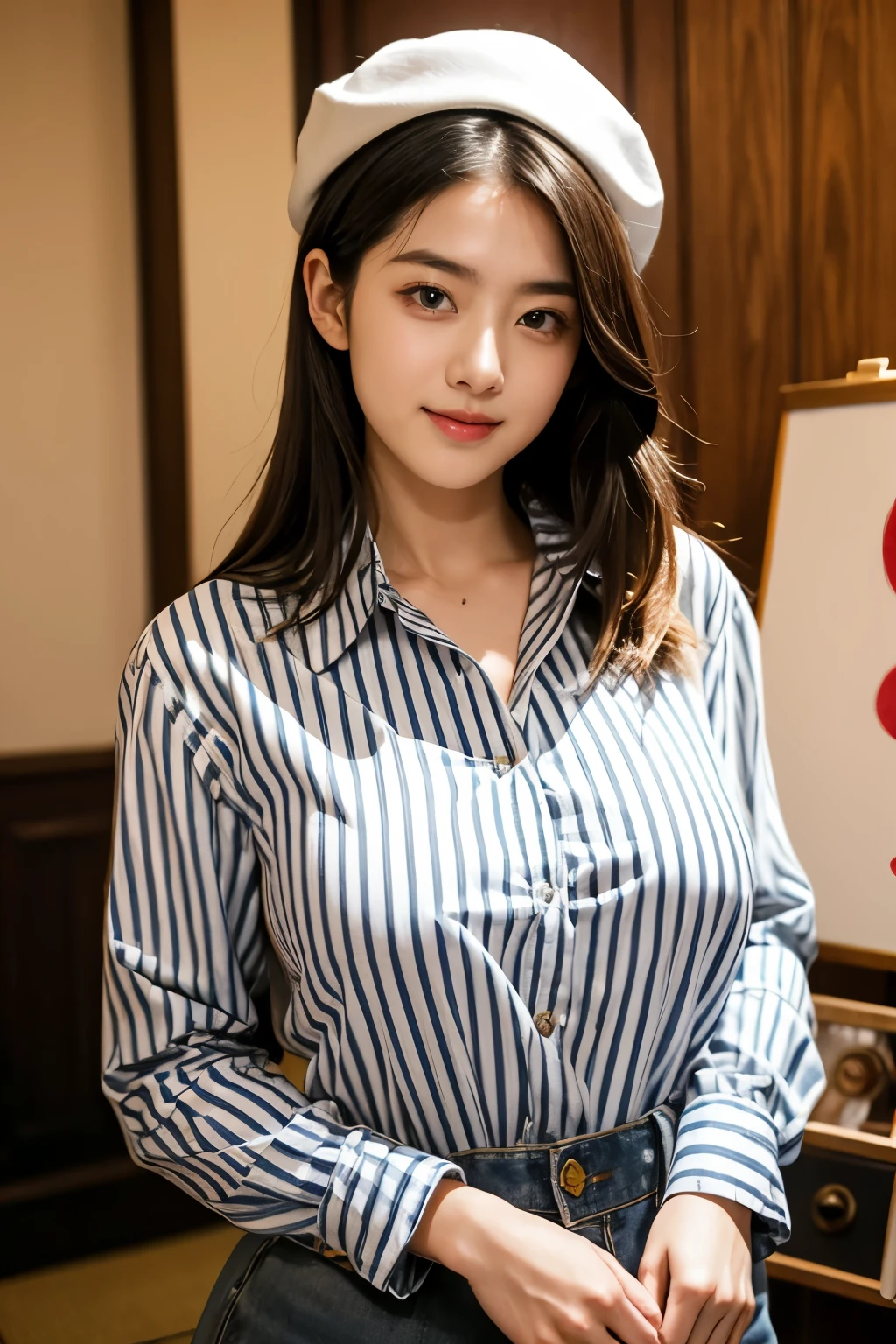 Created a 26 year old painter woman, japanes, Amazing beauty, ssmile, beret, huge tit, striped shirt, upperbody shot. atelier,