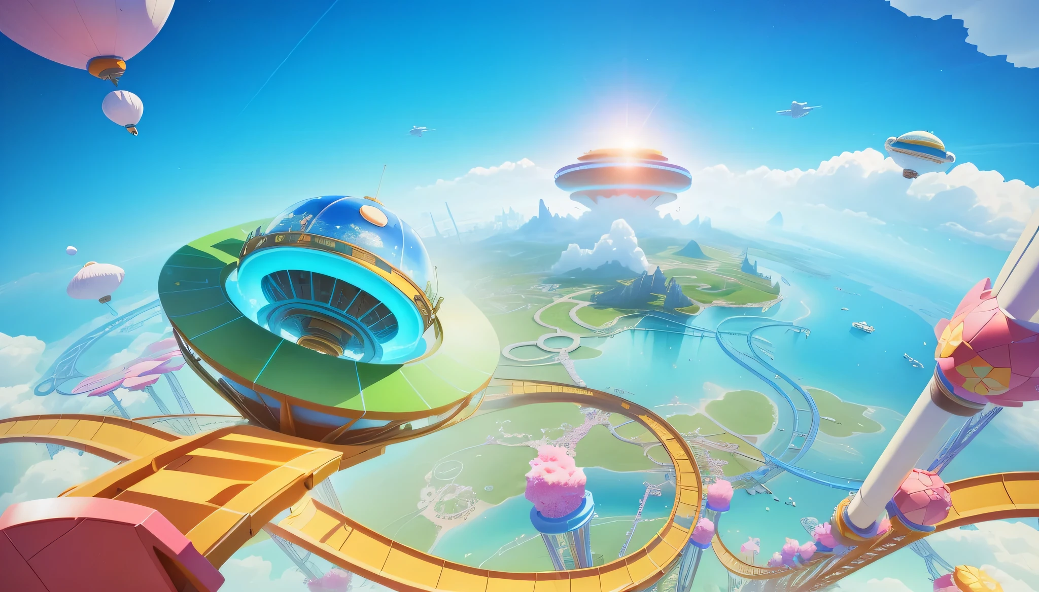 There is a roller coaster track in the sky, blue sky background,the space background,around the tracks,a digital dreamscape, Ring World, Background with, Background withartisticallywork, exotic paradise, artistically, virtual universe, fantasy planet, Background withartistically,3D scene,a 3D render, Fantasy spaceship, fantasy land,4K,8K,hyper HD