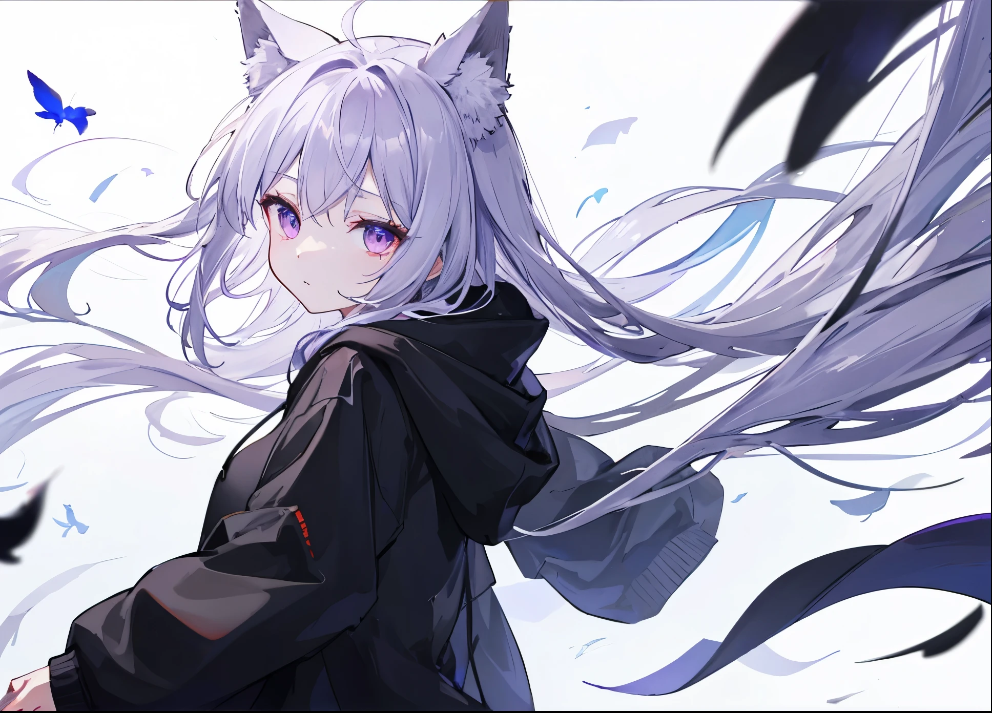 ((Best Quality)),close、Facing the front、Being in the middle、Hanging、Wearing a black hoodie、looked lonely、He had gray hair and furry ears.、Purple-eyed、wolf girl。The back is black。The wind is blowing、Hair is fluttering。natta