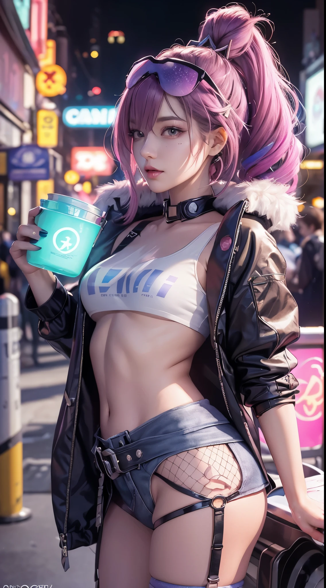 girl,(hotify:1.2) 1girl, bar, pub, indoors, beer_can, black_shorts, can, cowboy_shot, crop_top, dolphin_shorts, drinking, flower-shaped_hair, grey_jacket, heart, holding, holding_can, jacket, long_sleeves, medium_hair, midriff, navel, off_shoulder, open_clothes, open_jacket, pink_hair, short_shorts, shorts, solo, spaghetti_strap, stomach ,(masterpiece,detailed,highres:1.4) --auto