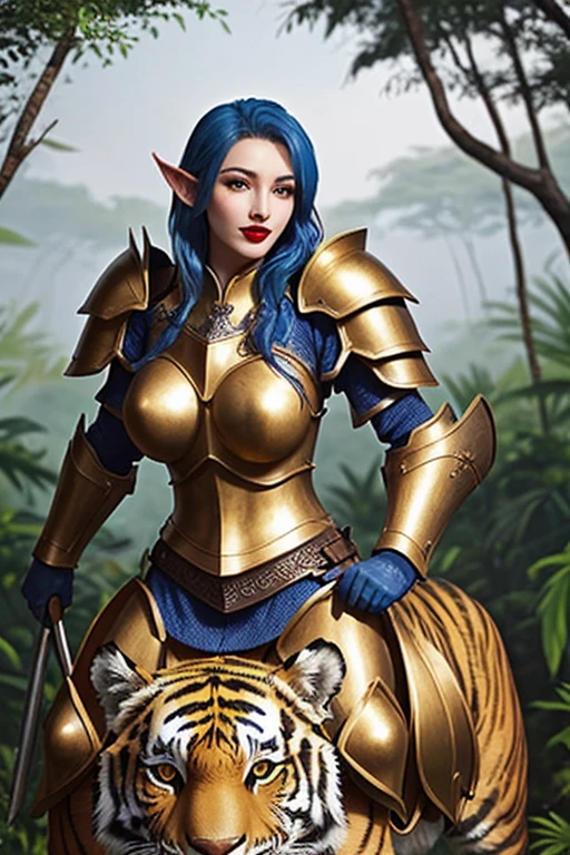 ((best quality)), ((Meisterwerk)), (Detailliert), Perfect face Female night elf with purple skin and blue hair big breasts in gold blue armor riding a large tiger with armor. Scarce armor in the middle of the jungle. Sehr Leicht bekleidet.
Giant trees. Weitwinkel.