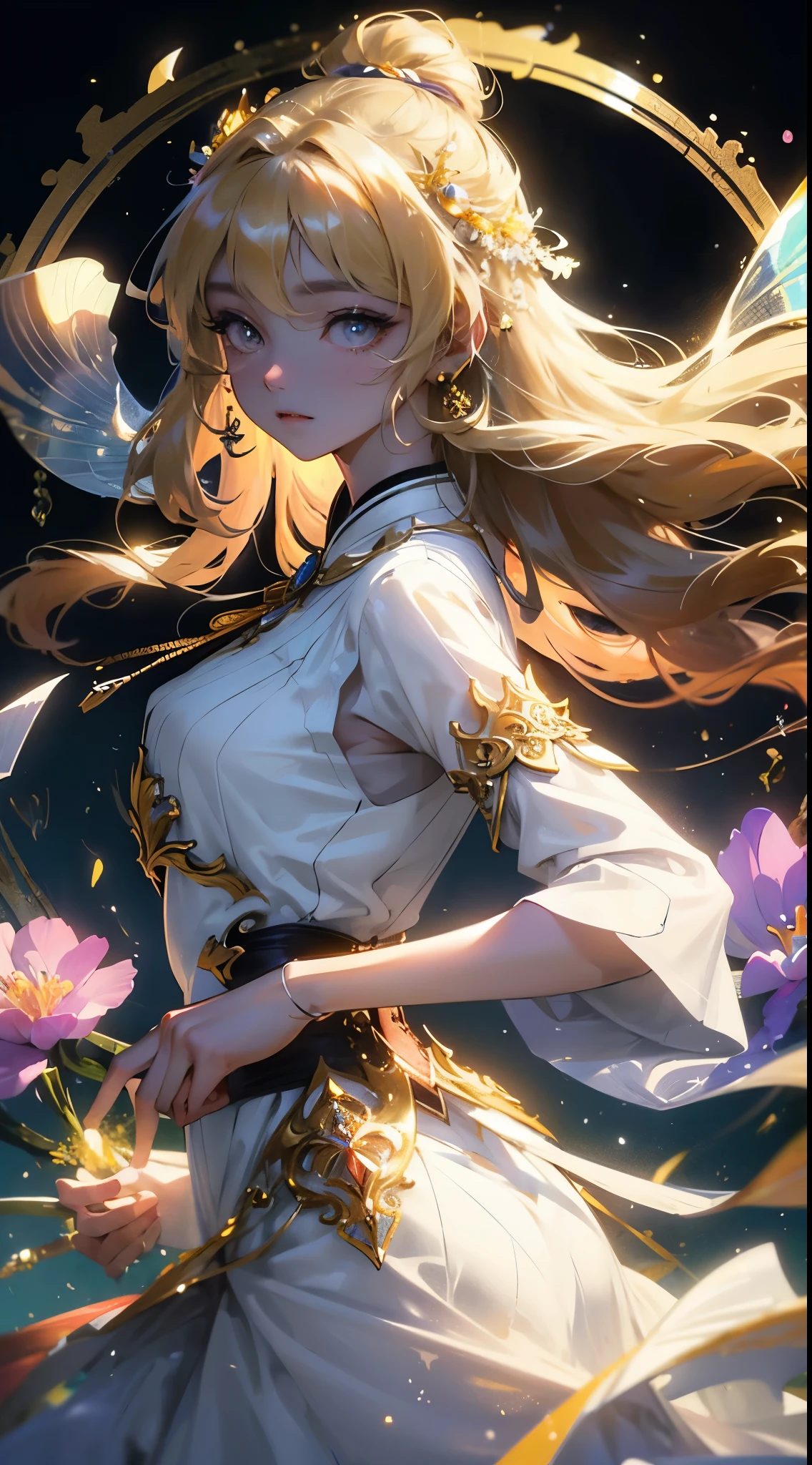 (((tmasterpiece))), (((Best quality at best))), ((ultra - detailed)),(Highly detailed CG illustration), ((Extremely Delicately Beautiful)),电影灯光, Create stunning works of fantasy art,fairy fantasy,Huang Li,greek myth,Alice is the rainbow goddess,Young and elegant figure,There are wings on the back,Exuding a radiant aura。Beautiful woman with long flowing hair,Her hair was sometimes decorated with garlands。Dressed in a flowing manner、Flowing dress or gown,Usually brightly colored,Shades similar to rainbows。The appearance of iris exudes elegance、Beautiful and ethereal temperament。Her depiction reflects her relationship with the rainbow,convey a wonderful feeling、vivd colour,Build a bridge between heaven and earth。 light-blonde hair,beautiful eyes bodyesbian,独奏