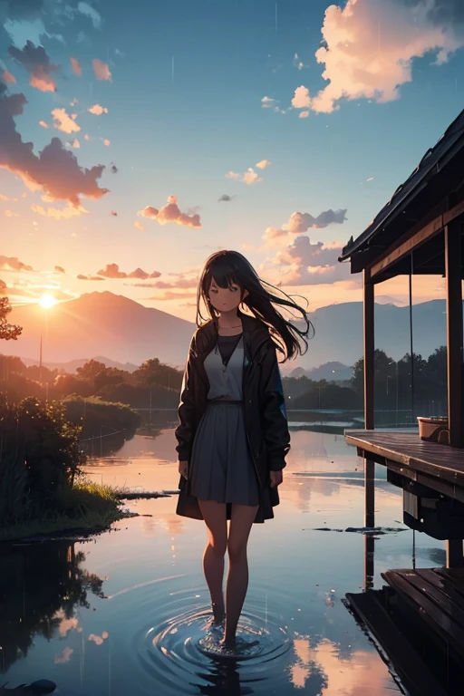 SFW, 1girl in, Solo Focus,  , evening, Sunrise, floating, cloud, skyporn, Rain, Water, Full body, Outdoors, Scenery, depth of fields