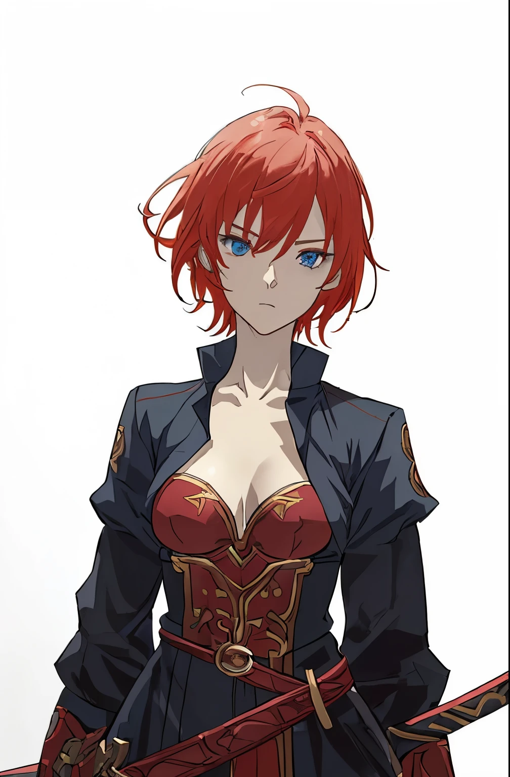 8k, hd, masterpiece, anime character, anime-style drawing, reference from wit studio, mappa studio, ufotable studio, celshade style, proportional figure, flat shading, ((light source on front of object)), 

A portrait of a beautiful girl in a tight black suit, with red accent, highly detailed character, female character, hyperdetailed fantasy character, anime character, rpg character avatar, athletic body, small breast, cleavage, sexy, red sash belt, 

1girl, female human, bright white skin, blue eye color, red colored hair, delicate face, short pixie hair, mature woman