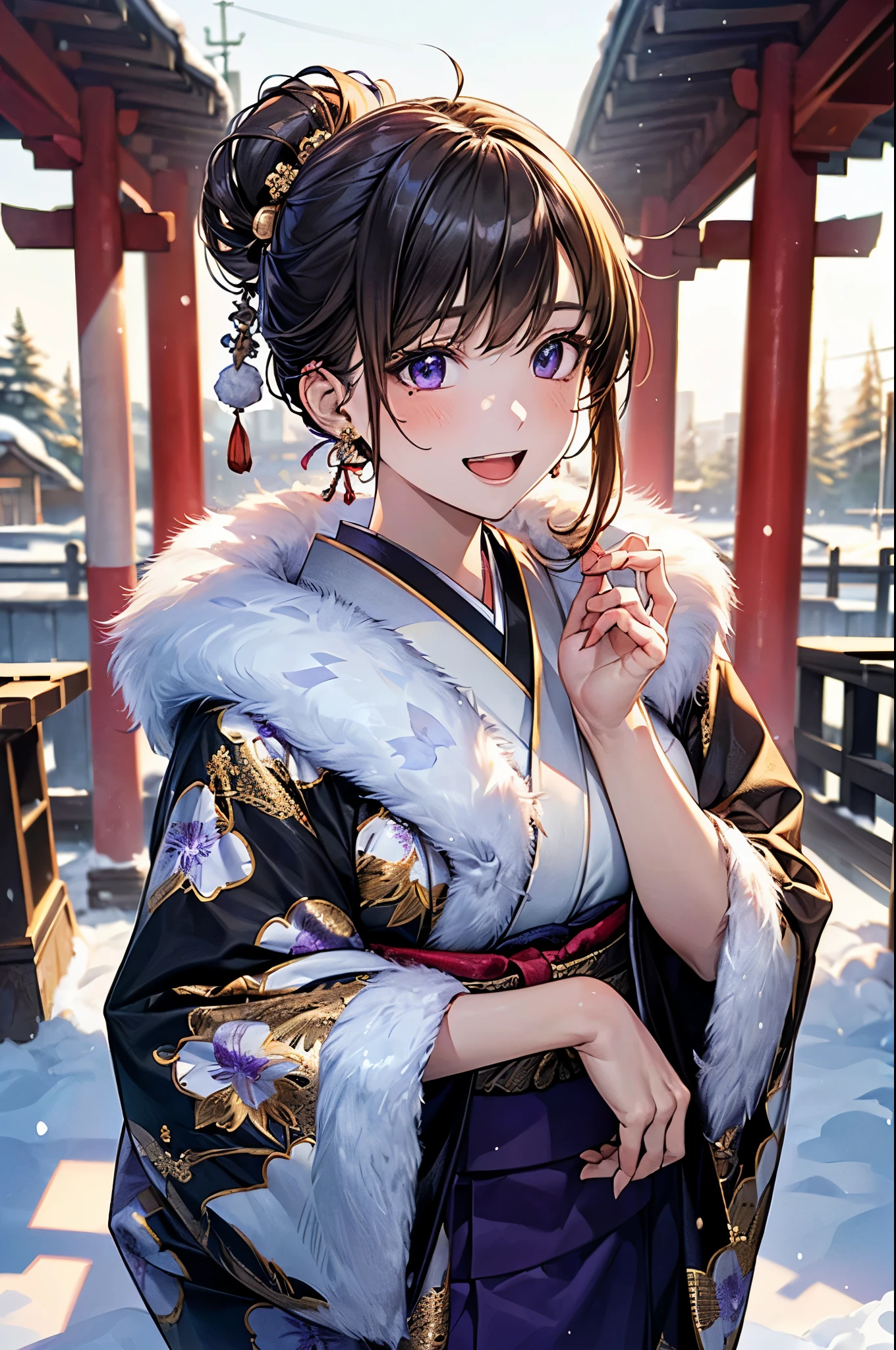 ((perfect anatomy, anatomically correct, super detailed skin)), 
1 girl, japanese, 16 years old, shiny skin, large breasts:0.5, looking up, watching the view, 
beautiful hair, beautiful face, beautiful detailed eyes, (middle hair:1.5, half updo:1.7), blown hair, blue eyes, babyface, mole under eye, 
(((traditional japanese clothing:1.2, with an intricate flower pattern:1.3, with gold embroidery:1.2, metallic purple fabric:1.5, fur muffler, luxurious hair ornament))), 
((smile:1.5, open mouth)), squatting, 
(beautiful scenery), winter, dawn, (new year's day, first visit), hokkaido, sapporo, outside shrine, crowd, snow, snowfall:1.5, freezing weather, frost, 
(8k, top-quality, masterpiece​:1.2, extremely detailed), (photorealistic:1.2), sunlight, beautiful art, visual art, depth of fields, natural lighting,