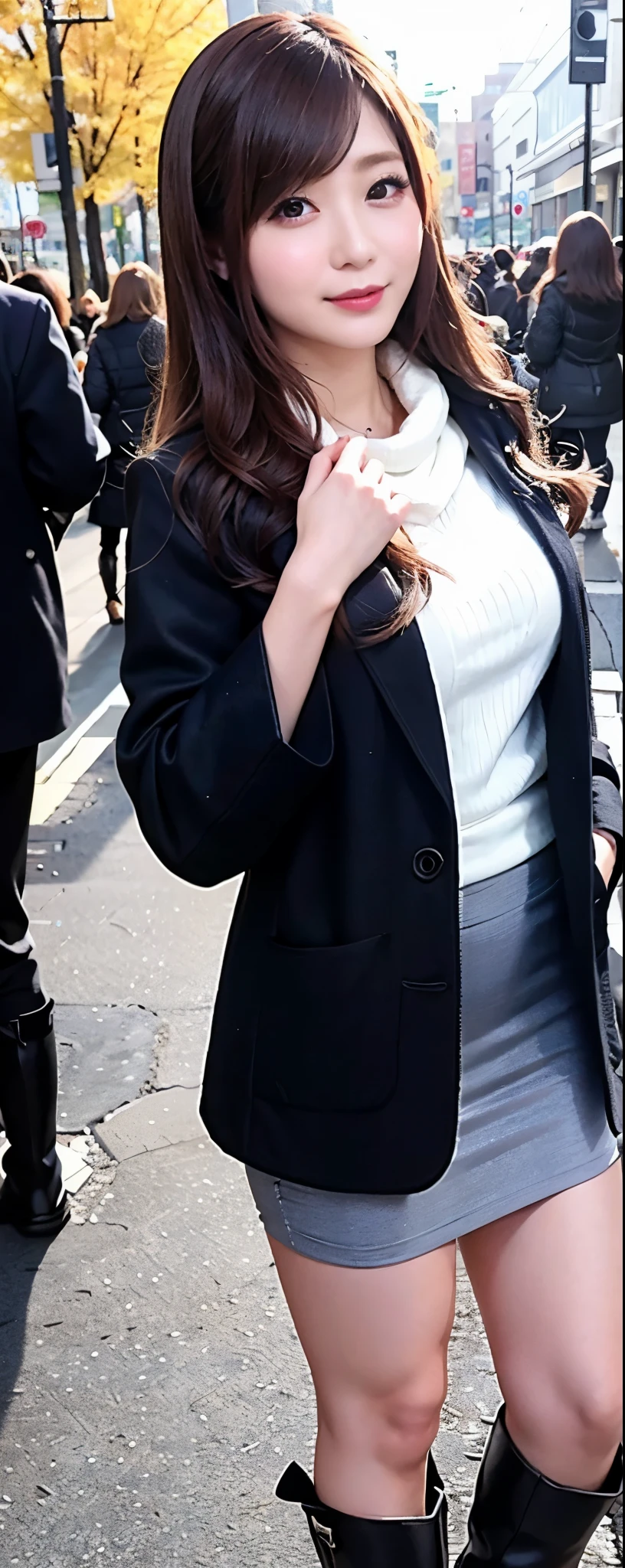 (8k, RAW photos, top quality, masterpiece: 1.2, ultra detailed, super resolution, real photos: 1.37), (Full body photo), 1 noble elegant Japanese lady, (standing contrapposte), winter season, ((black color coodinate, wearing over-size black coat, winter fluffy scarf, grey long skirt, black tights, wearing long boots)), Shiny, Smile, Looks like 1.8 meters tall, large pelvis, Large breasts, big cuvy hips, Thin waist, Long legs, skin hyper-detail, 20 years old, Perfect face, (Detailed facial features), Wavy hair, Daylight, autumn season, center of street, crowd of people,