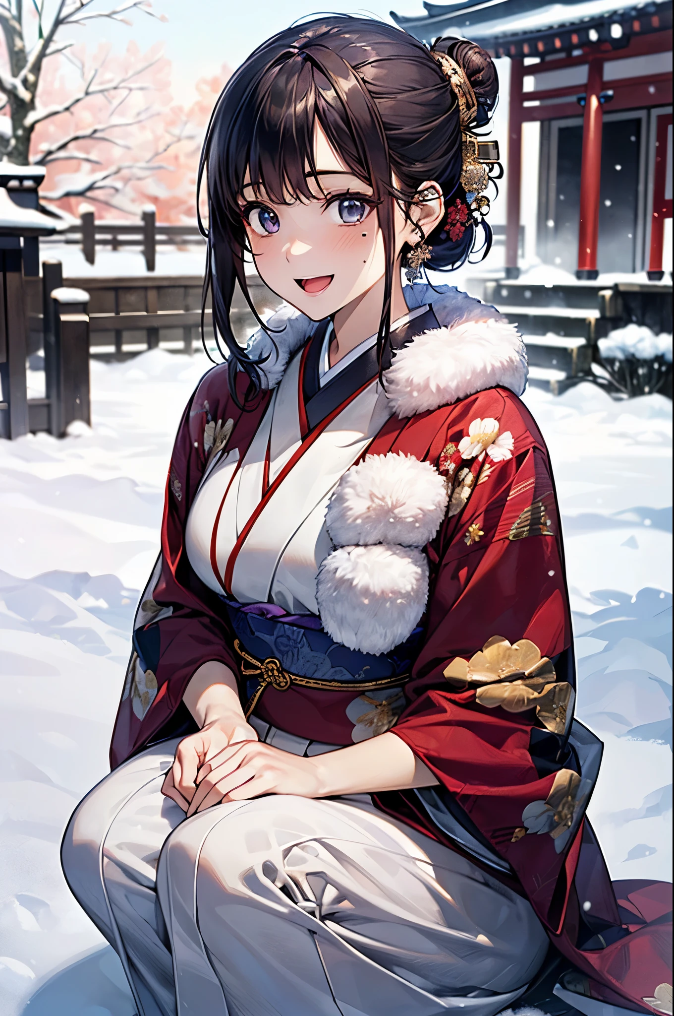 ((perfect anatomy, anatomically correct, super detailed skin)),
1 girl, japanese, , shiny skin, large breasts:0.5, looking up, watching the view,
beautiful hair, beautiful face, beautiful detailed eyes, (middle hair:1.5, half updo:1.7), blown hair, blue eyes, babyface, mole under eye,
(((traditional japanese clothing:1.2, with an intricate flower pattern:1.3, with gold embroidery:1.2, metallic purple fabric:1.5, fur muffler, luxurious hair ornament))),
((smile:1.5, open mouth)), squatting,
(beautiful scenery), winter, dawn, (new year's day, first visit), hokkaido, sapporo, outside shrine, crowd, snow, snowfall:1.5, freezing weather, frost,
(8k, top-quality, masterpiece:1.2, extremely detailed), (photorealistic:1.2), sunlight, beautiful art, visual art, depth of fields, natural lighting,