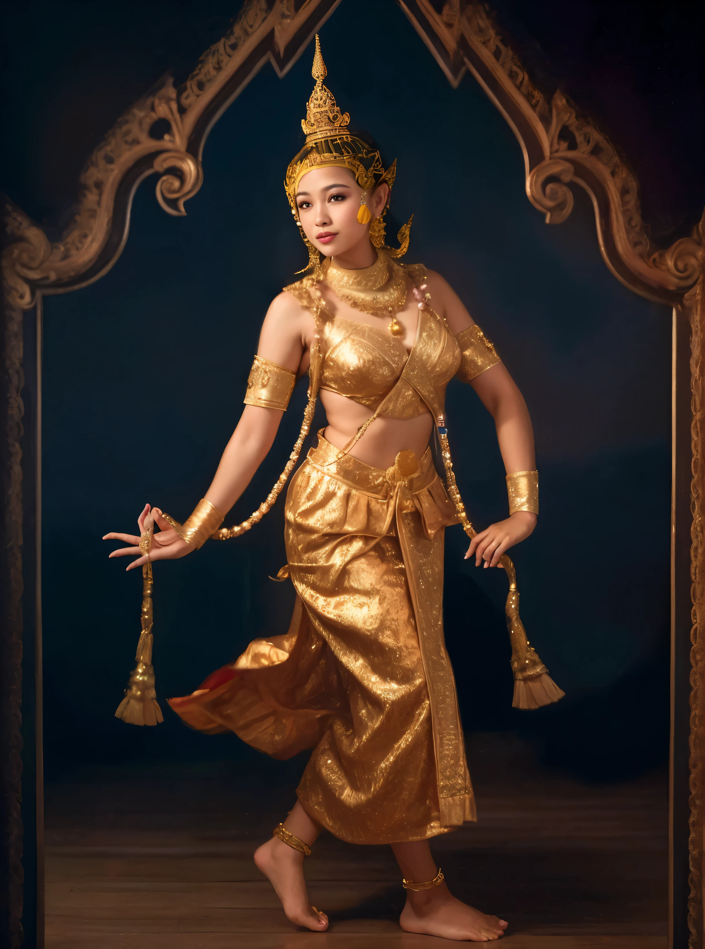 Beautiful Thai woman in a gold dress holds a white dahlia necklace.., Sukhothai period clothing, Traditional Thai dress Wear a delicate and beautiful tiered crown or gold crown.. Cloth with baton or diamond pattern Red background with gold pattern This girl has a red fishtail with gold patterns.., traditional beauty, Thai art, wearing an ornate outfit, gilded lotus princess, Beautiful costumes, Gold clothing, a stunning portrait of a goddess, intricate costume design, Elegant belly dance moves, Wear luxurious clothes.., beautiful oriental woman