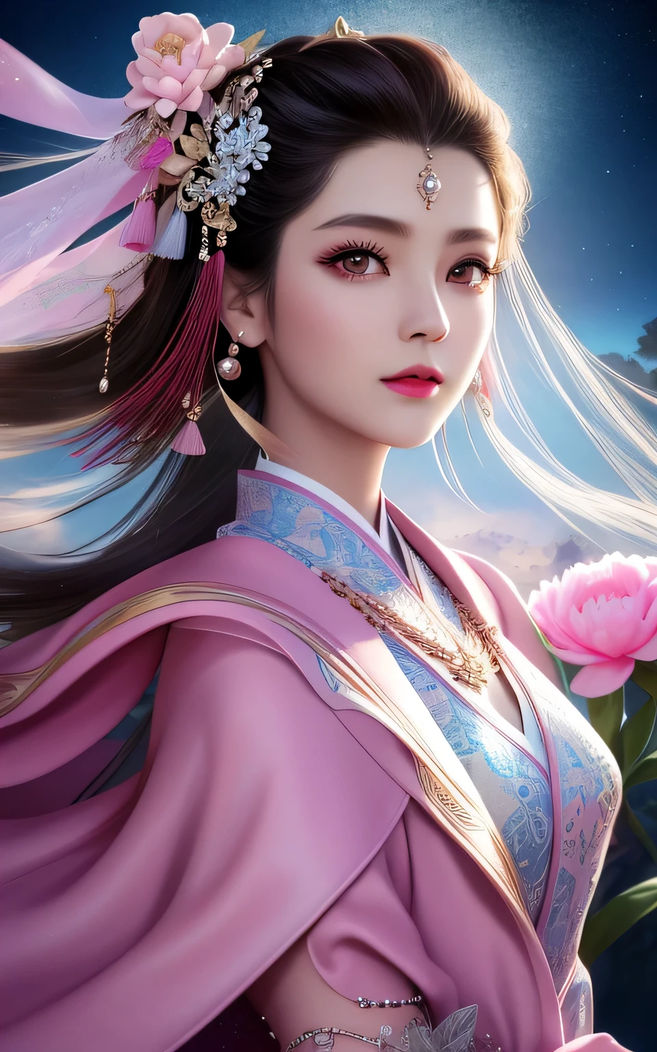 Best Quality, Masterpiece,upper half body,(Background with:a garden),1 Girl, mature woman, Chinese style, Ancient Chinese, sister, dancer, Dark-brown hair, A dark-haired, princess cut, Fried dough twist braid, coiled hair, double ball head,coiled hair,energy, Light Pink Lips, calm, intellectual,Purple eyes, tassel, Silver Thread, beads,Peony blossom, Gown, cloak, Silk skirt, embroidery, fair face, face closeup, Hand close-up,Brightly colored clothes,beautifull face,Photorealistic, rim lighting, Two-tone illumination,(high detailed skin:1.2), 8K uhd, DSLR, Soft lighting, High Quality, Volumetric lighting, a photo of, high resolucion, 4k, 8K, Bokeh