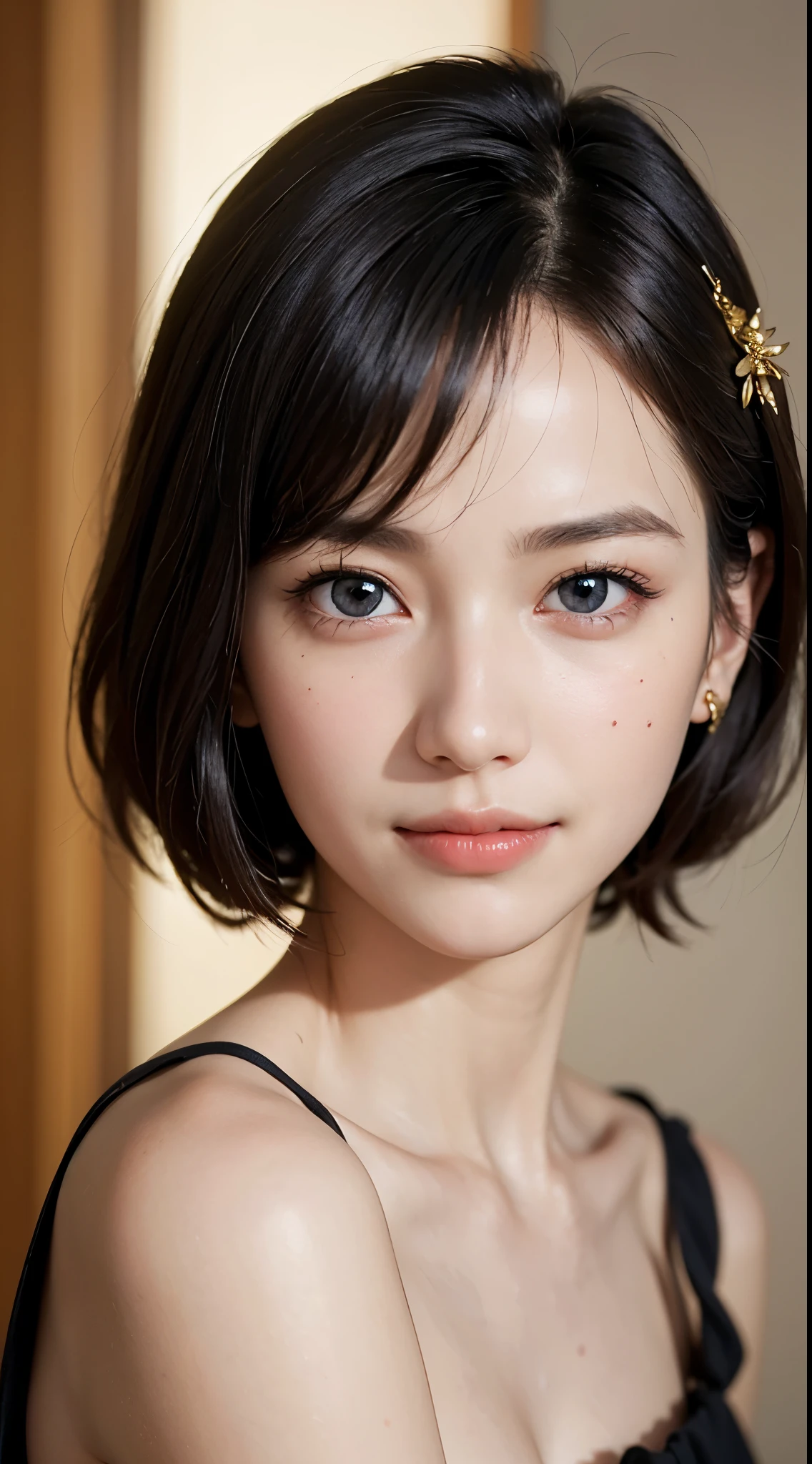 Best Quality, masutepiece, 超A high resolution, (Photorealistic:1.4), Raw photo, 1girl in, kｰpop idol, short-hair, Indoor, Summer noon,Detailed eyes,(realisticeyes),delicated face,realskin,detailed hairs,Detailed skin,Beautiful face,Smiling、((Beautiful hair ornament))、sad Facial expression、Painful look、