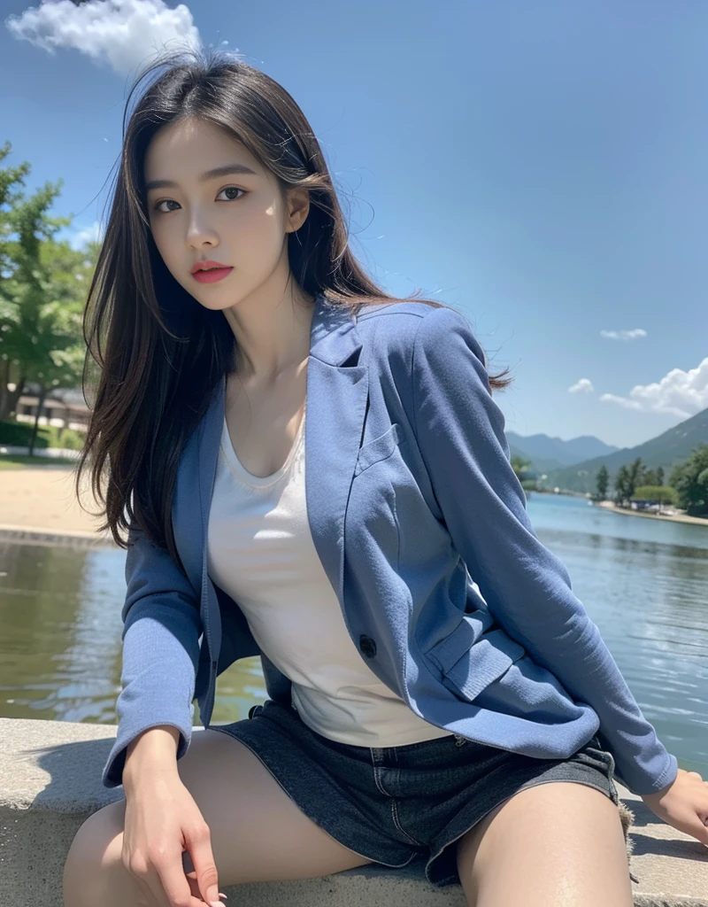 (1 sister), 水色's眼睛, Medium shot , 闭's嘴, Resort background, [性感's], [[[LOP]]], leisure wear, (blazer jacket, 更短's裤子, 好's, 's:1.2), mid hair, 棕色's头发, 独自's, 非常详细's, (tmasterpiece, quality, Best quality at best, realistically, A high resolution), 准确's描绘