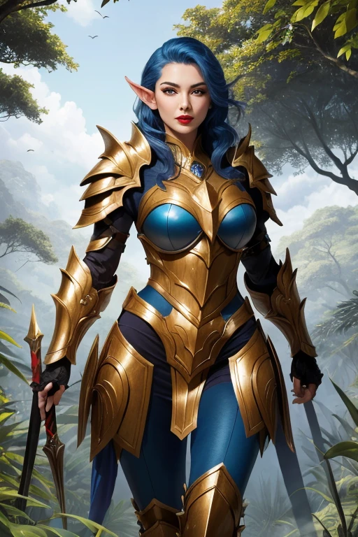 ((best quality)), ((Meisterwerk)), (Detailliert), Perfect Face Female Night Elf with Pale Skin Red Lipstick and Blue Hair Big Breasts in Gold Blue Armor Riding on a Large Tiger with Armor. Scarce armor in the middle of the jungle. Sehr Leicht bekleidet.
Giant trees. Weitwinkel.