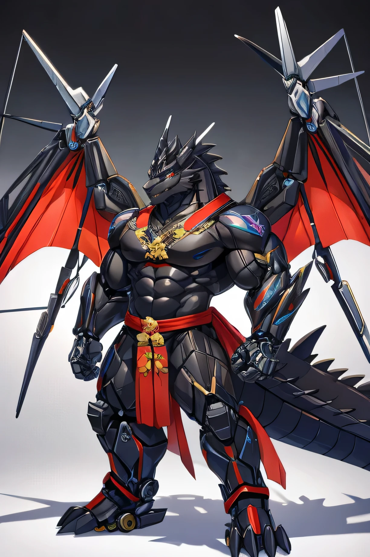 musculous、Strong Chinese Black Dragon,Transformed into a mechanical body.,With wings