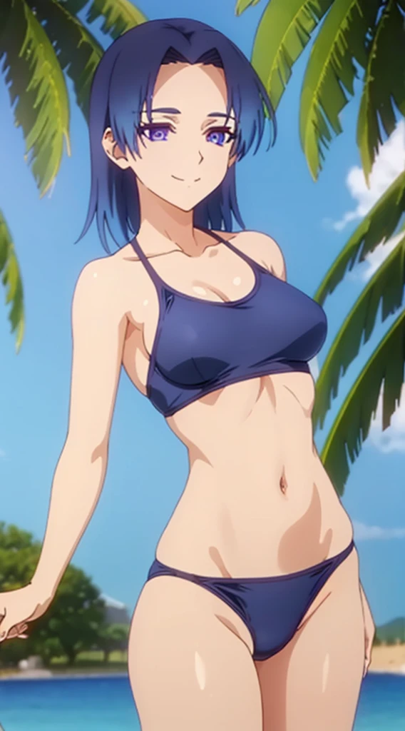 swimsuit, belly, navel, perfect face, (ultra high quality), detailed, 8k,masterpiece, looking viewers, small breast, purple eyes, 1 girl, sharp eyes, pride smile
