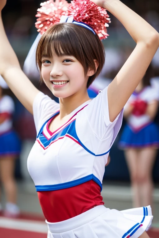 top-quality、​masterpiece、hight resolution、4K、real 18 year old woman、cheer girl、cheerleaders、a smile、Shorthair、1girl in、