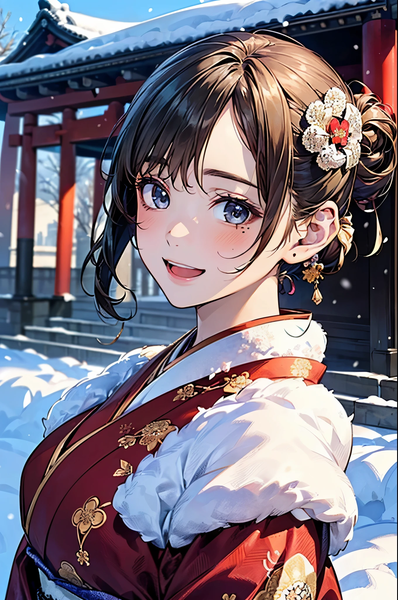 ((perfect anatomy, anatomically correct, super detailed skin)),
1 girl, japanese, 16 years old, shiny skin, large breasts:0.5, looking up, watching the view,
beautiful hair, beautiful face, beautiful detailed eyes, (middle hair:1.5, half updo:1.7), blown hair, blue eyes, babyface, mole under eye,
(((traditional japanese clothing:1.2, metallic red fabric:1.5, fwith an intricate flower pattern:1.3, with gold embroidery:1.2, ur muffler, luxurious hair ornament))),
((smile:1.5, open mouth)), squatting,
(beautiful scenery), winter, dawn, (new year's day, first visit), hokkaido, sapporo, outside shrine, crowd, snow, snowfall:1.5, freezing weather, frost,
(8k, top-quality, masterpiece:1.2, extremely detailed), (photorealistic:1.2), sunlight, beautiful art, visual art, depth of fields, natural lighting,