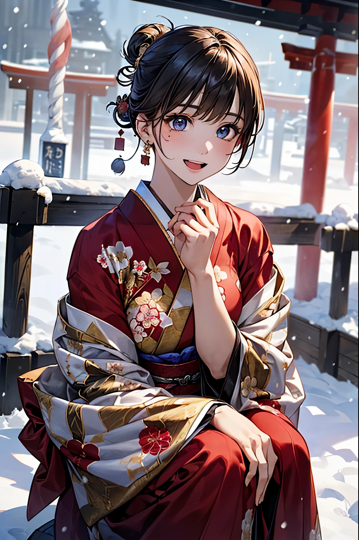 ((perfect anatomy, anatomically correct, super detailed skin)), 
1 girl, japanese, 16 years old, shiny skin, large breasts:0.5, looking up, watching the view, 
beautiful hair, beautiful face, beautiful detailed eyes, (middle hair:1.5, half updo:1.7), blown hair, blue eyes, babyface, mole under eye, 
(((traditional japanese clothing:1.2, metallic red fabric:1.5, fwith an intricate flower pattern:1.3, with gold embroidery:1.2, ur muffler, luxurious hair ornament))), 
((smile:1.5, open mouth)), squatting, 
(beautiful scenery), winter, dawn, (new year's day, first visit), hokkaido, sapporo, outside shrine, crowd, snow, snowfall:1.5, freezing weather, frost, 
(8k, top-quality, masterpiece​:1.2, extremely detailed), (photorealistic:1.2), sunlight, beautiful art, visual art, depth of fields, natural lighting,
